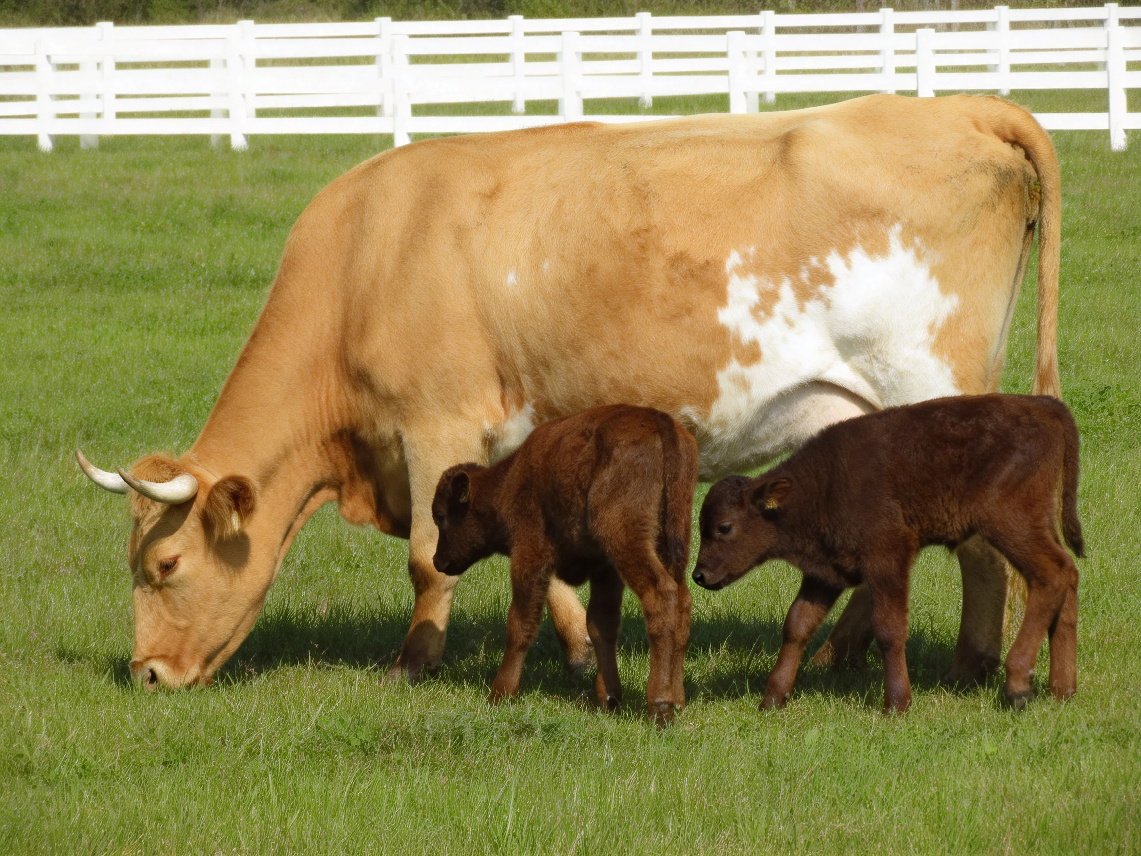 A tan cow with white patches grazes near two brown calves in a green pasture