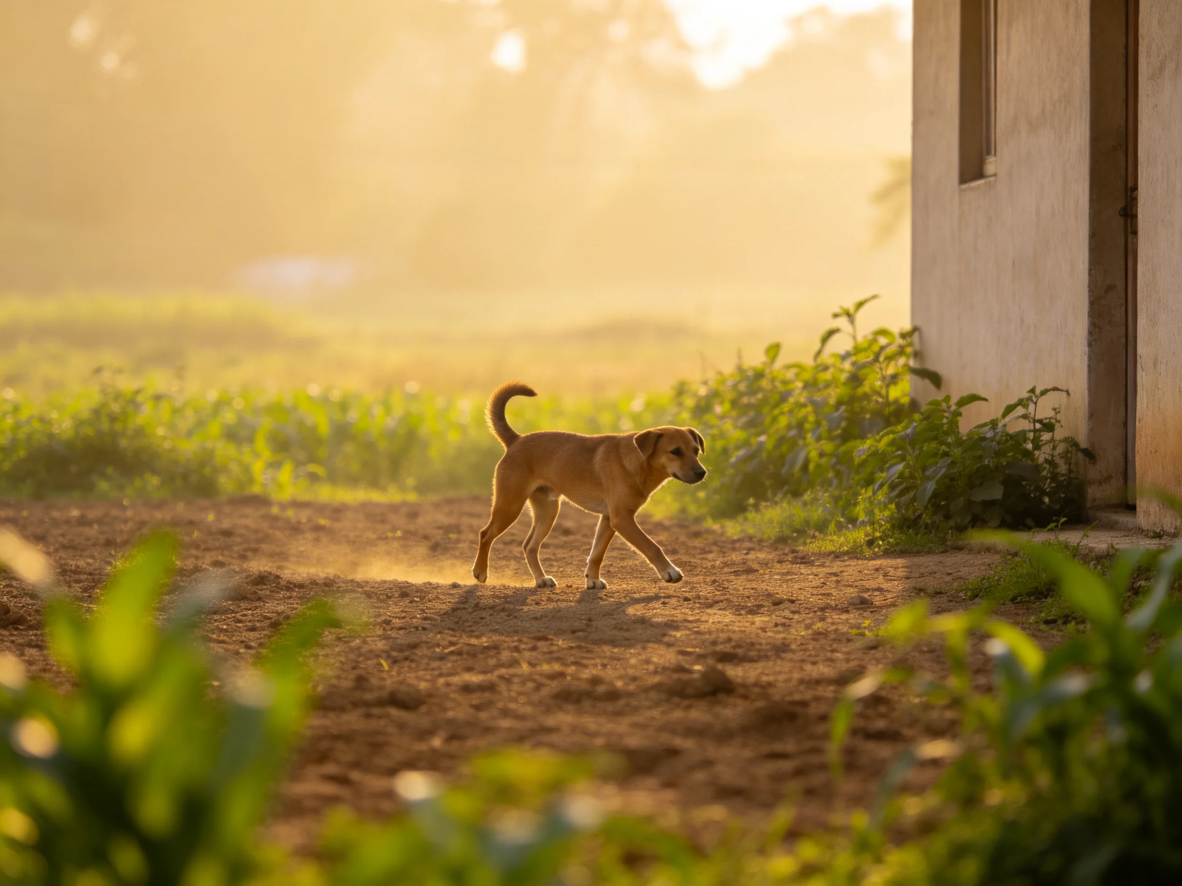 A tan dog walks along a dusty path near a beige structure amid lush greenery