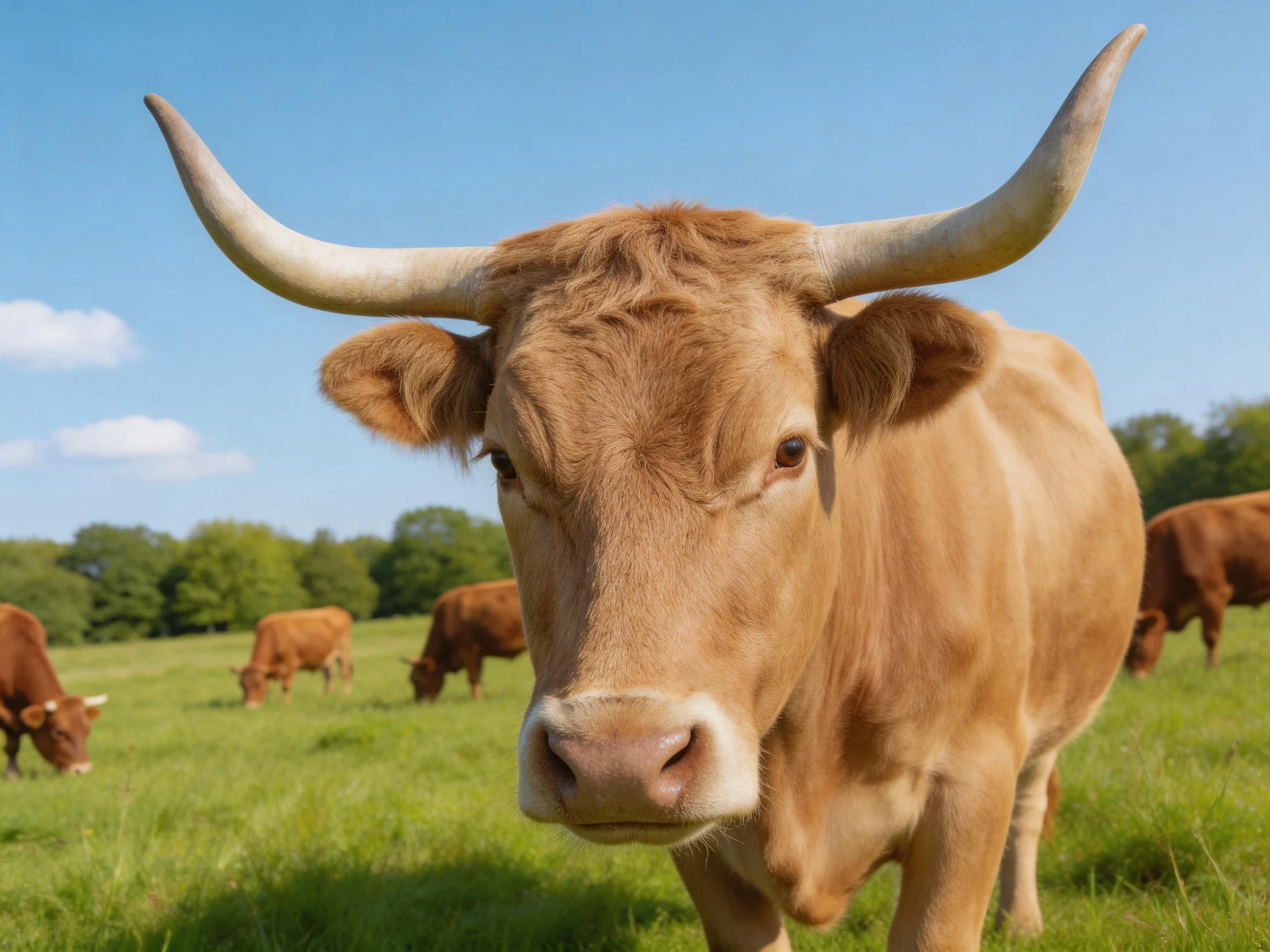 A tan horned cow with large curved horns in a sunny green pasture