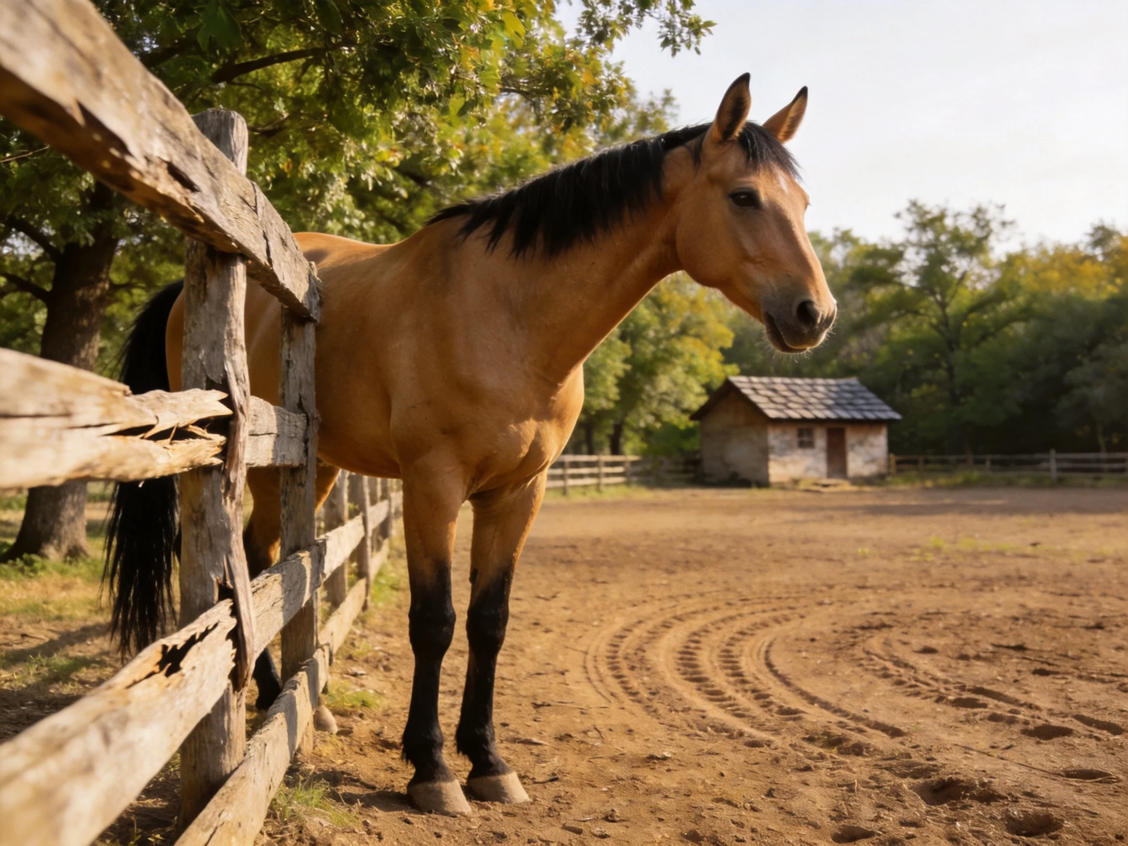 A tan horse near a weathered wooden fence by a small stone barn