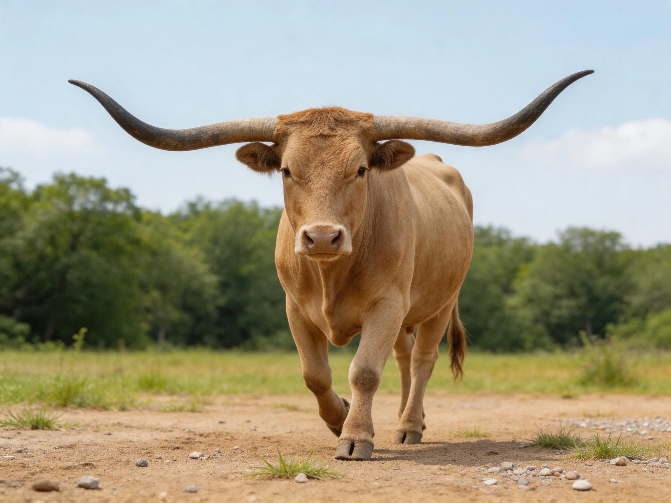 A tan longhorn bull with large curved horns walking forward