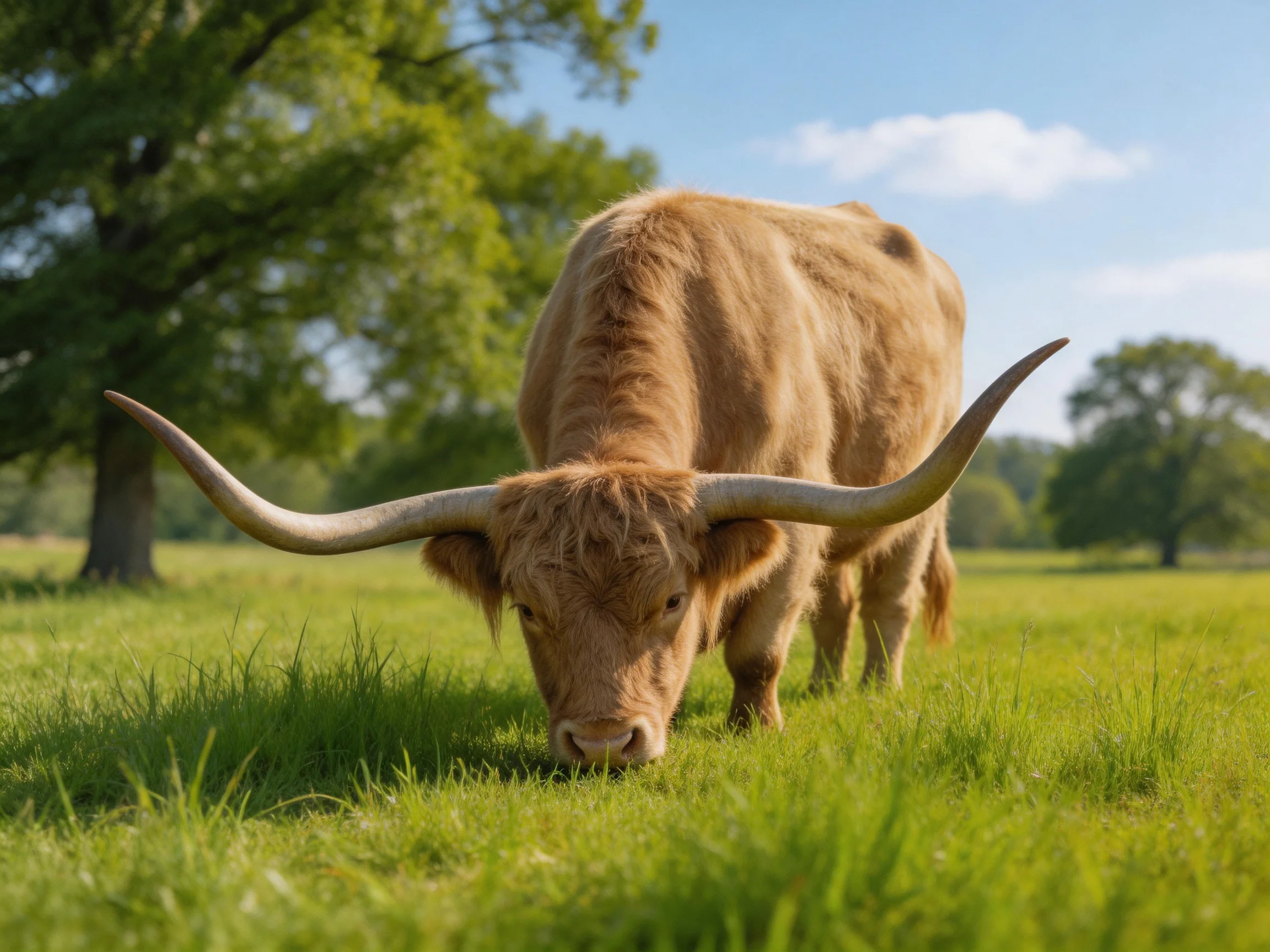 A tan longhorn cow grazes in a lush green meadow near large trees