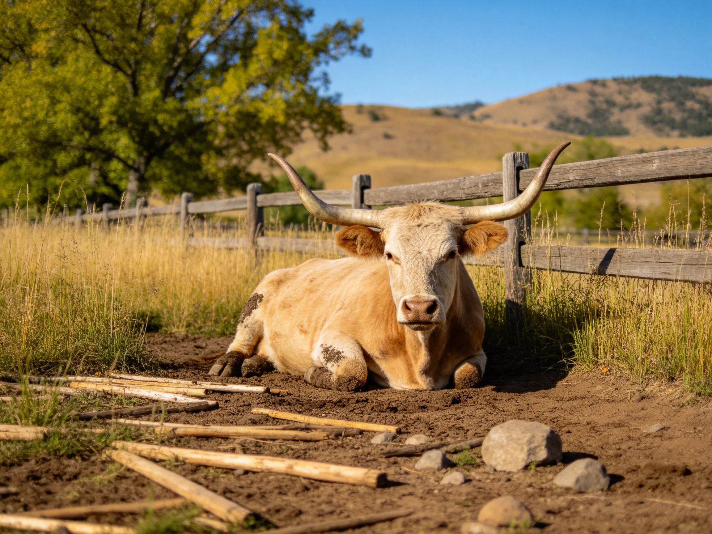 A tan longhorn cow rests by a wooden fence in a sunny field