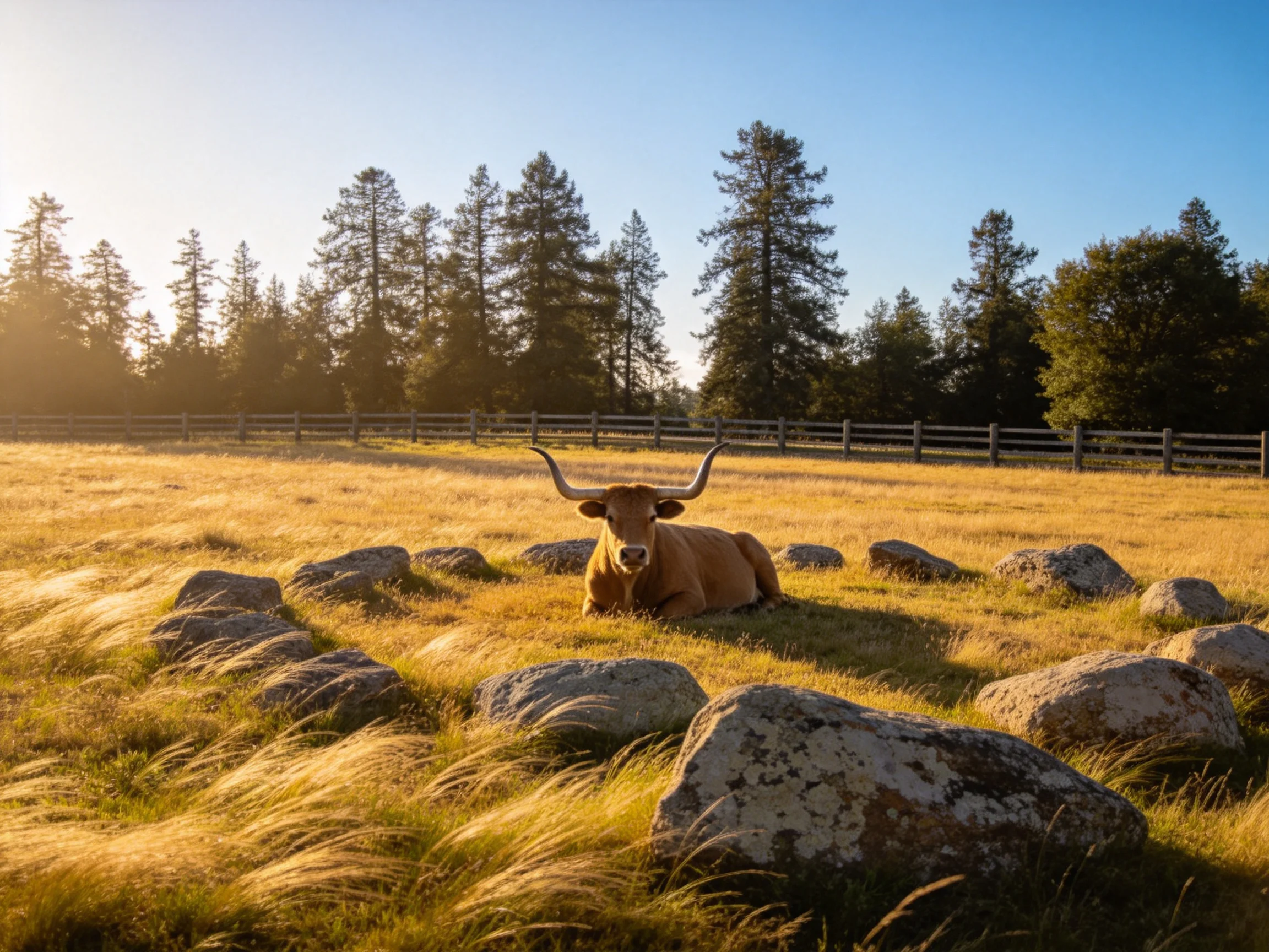 A tan longhorn rests near circular rocks in a golden field