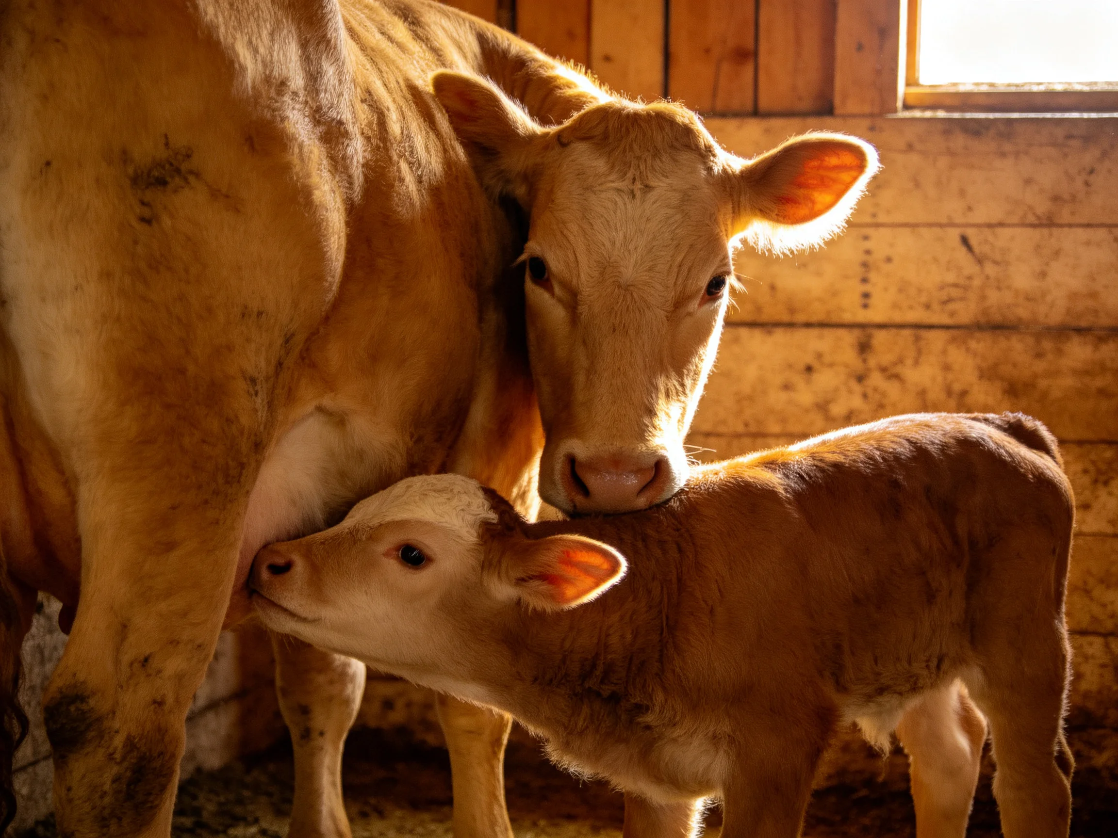 A tan mother cow and brown calf nurse in a rustic wooden barn