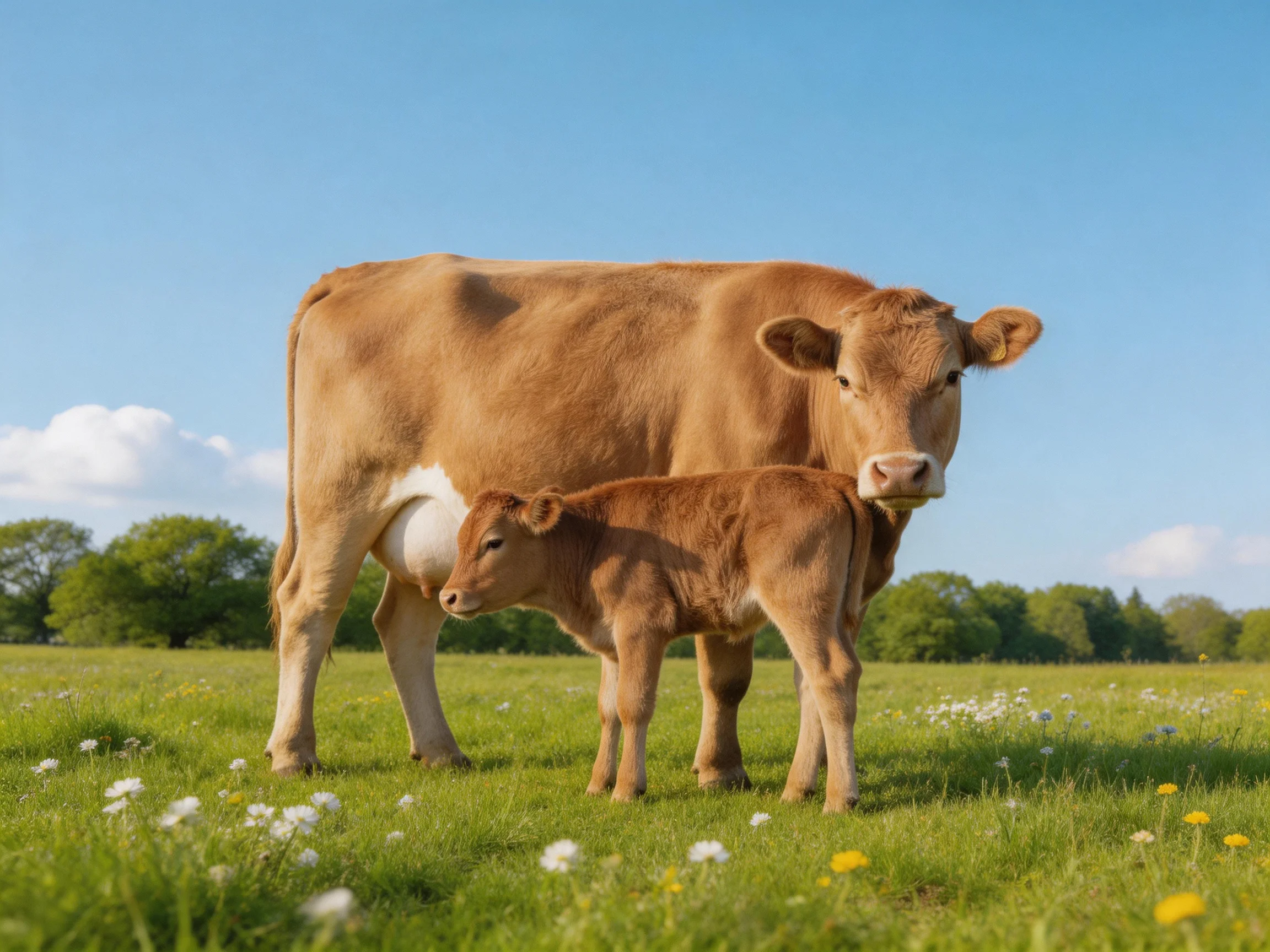 A tan mother cow and her brown calf graze in a sunny meadow