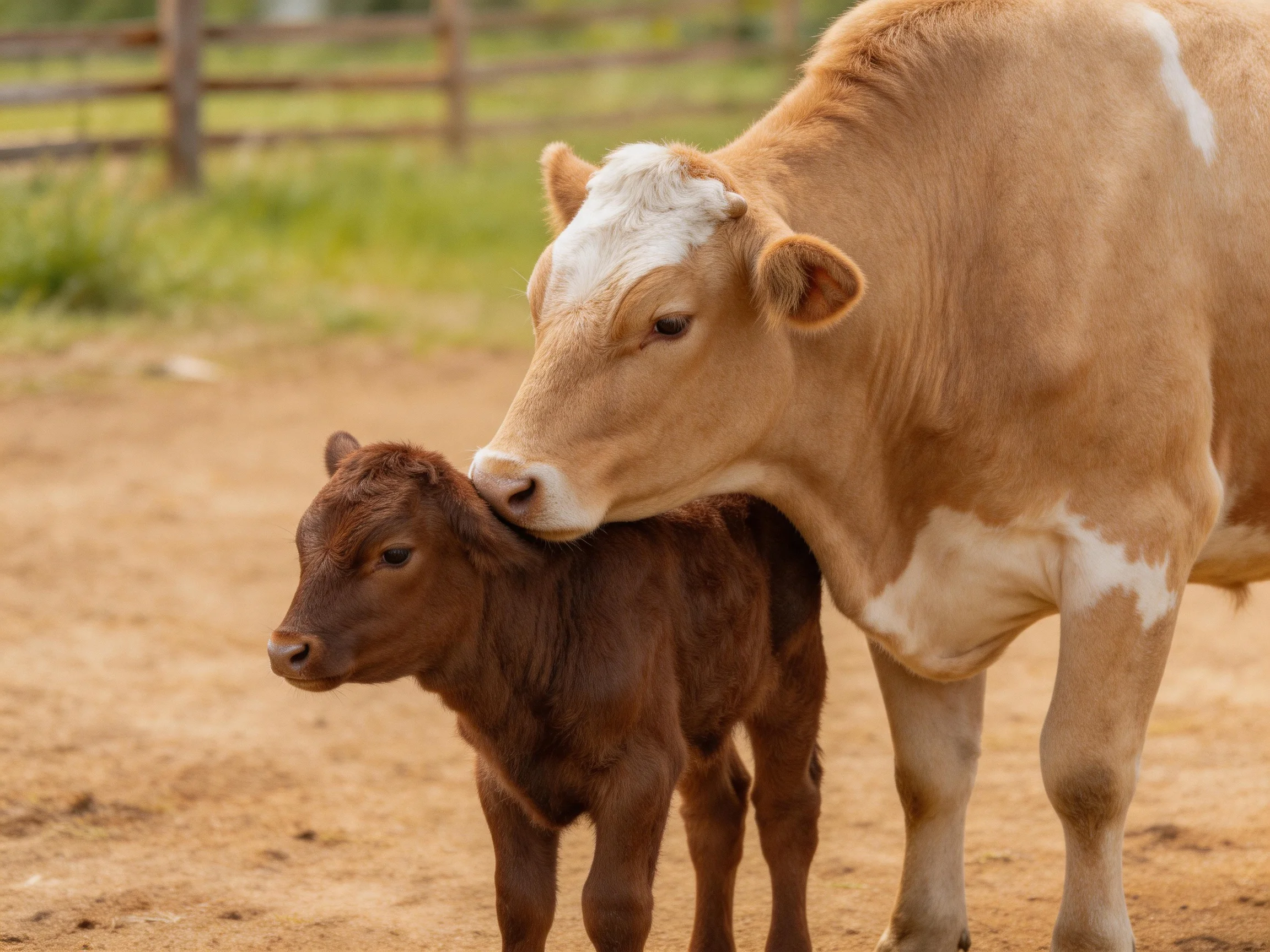 A tan mother cow nuzzles her small brown calf in a farm yard
