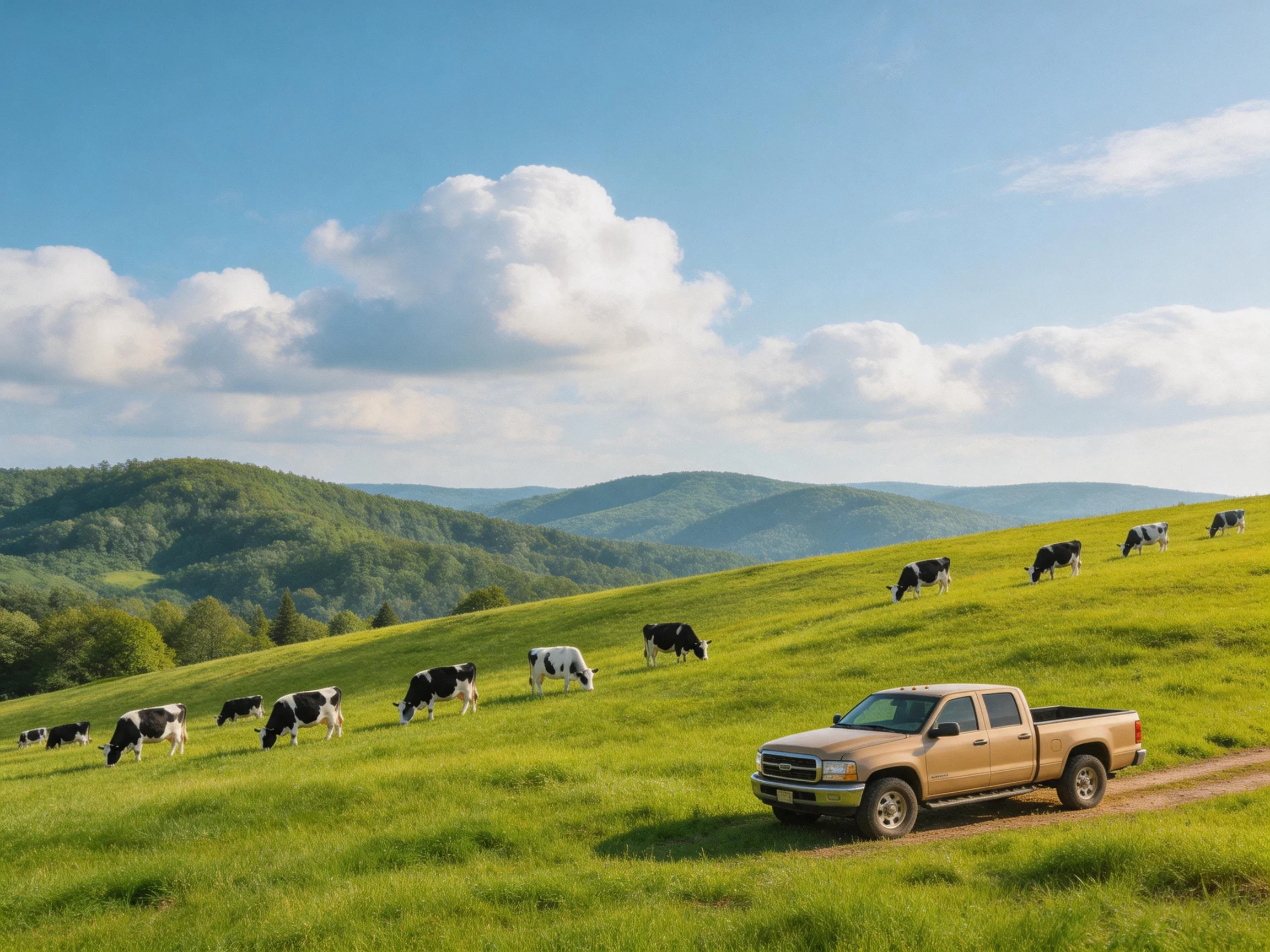 A tan pickup truck near black-and-white cows on a lush green hillside