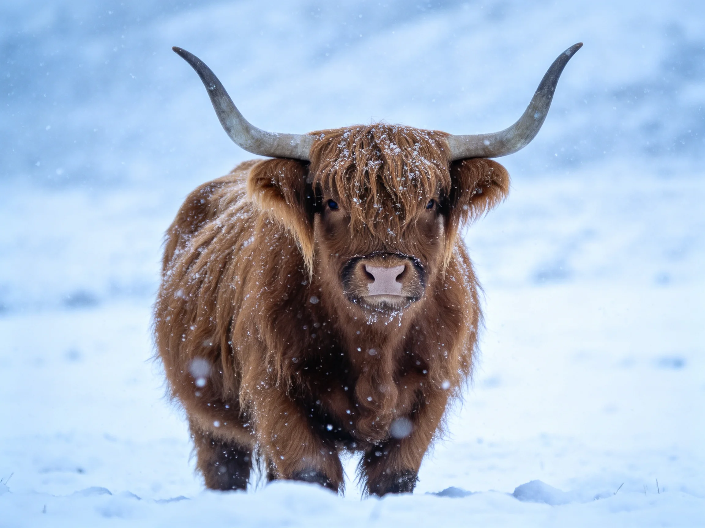 A thick-coated brown Highland cow with long curved horns in snowy terrain