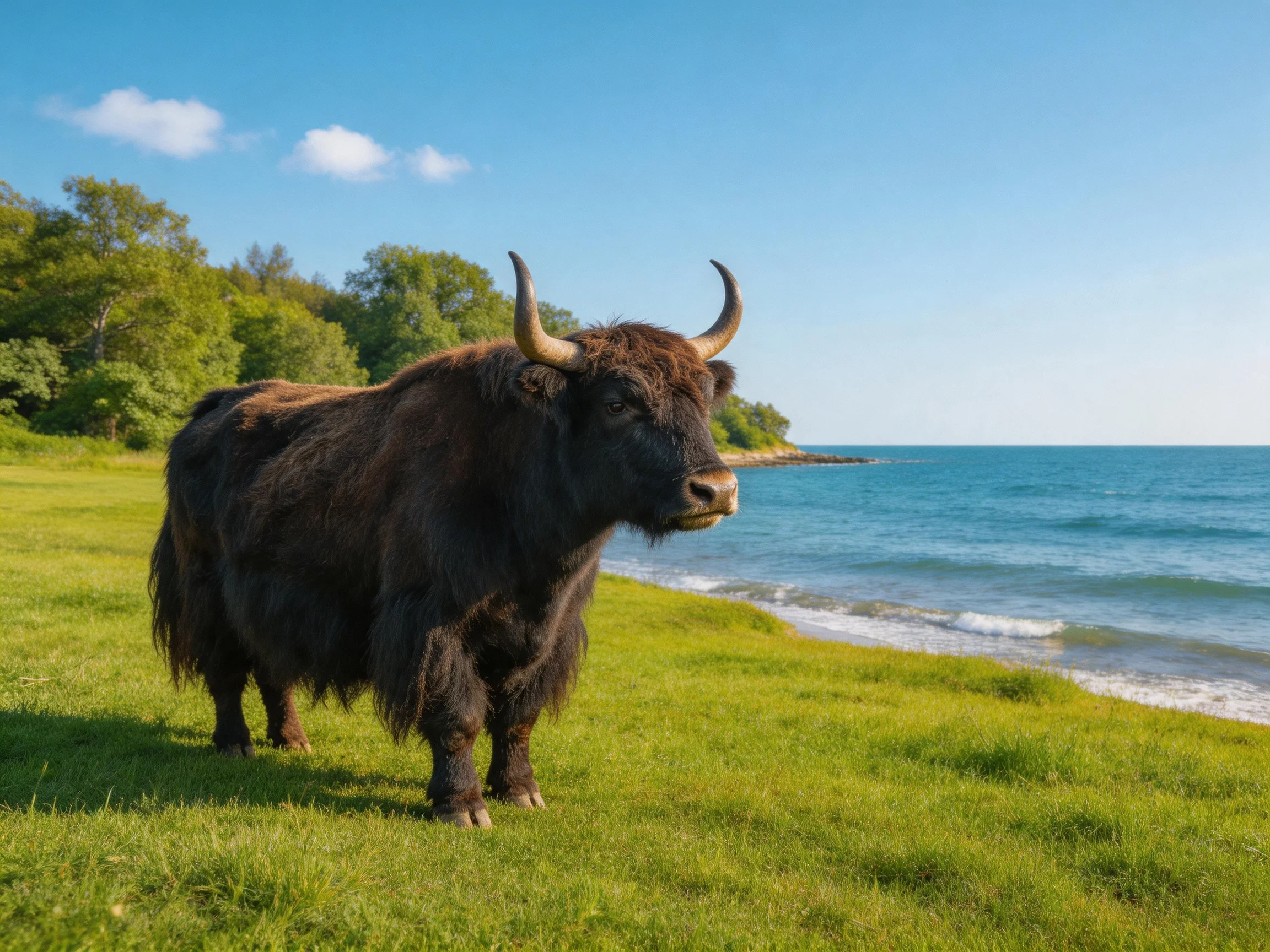 A thick-coated yak stands on lush green grass by a calm blue sea