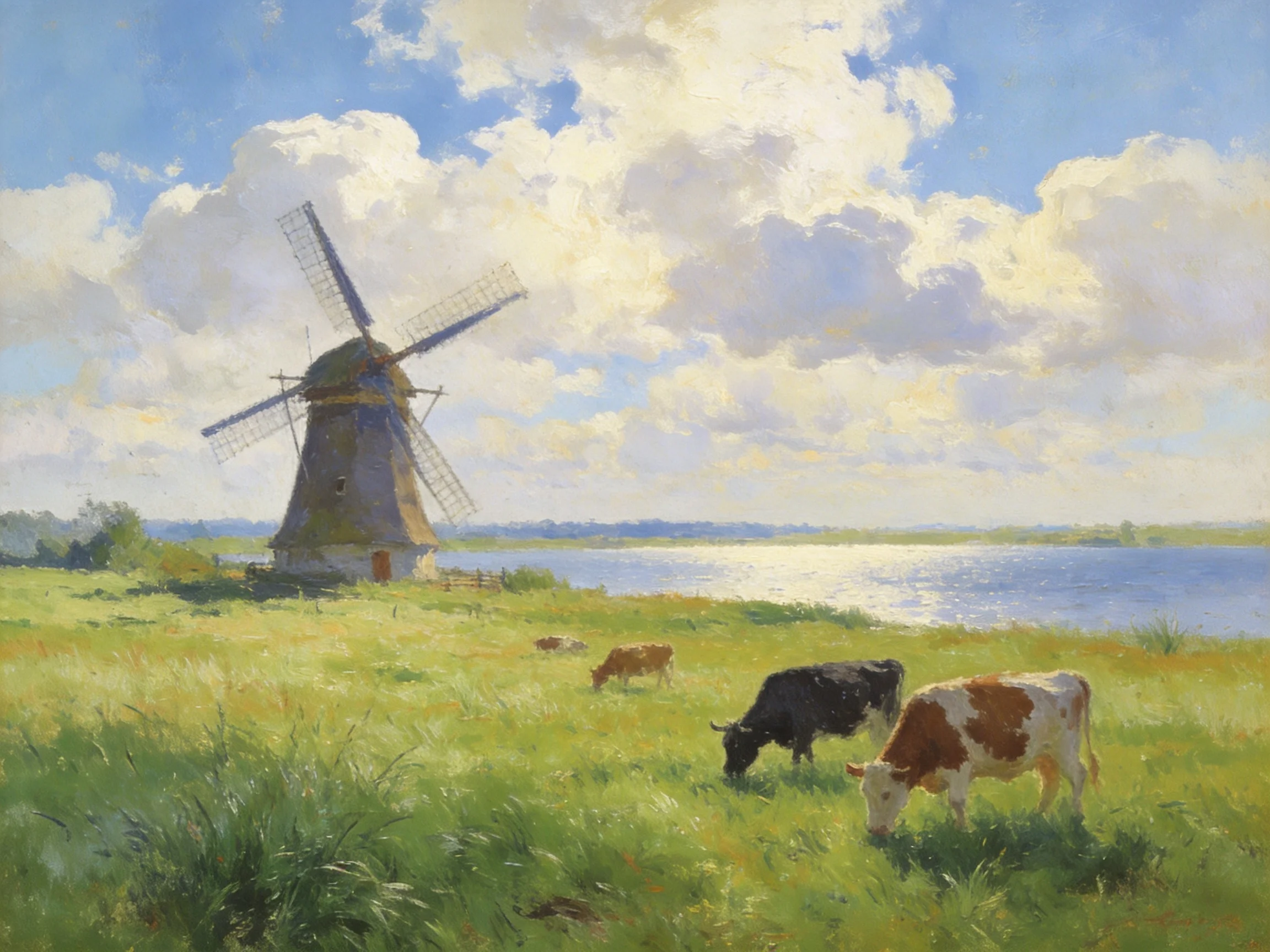 A traditional windmill near a calm body of water with grazing cattle