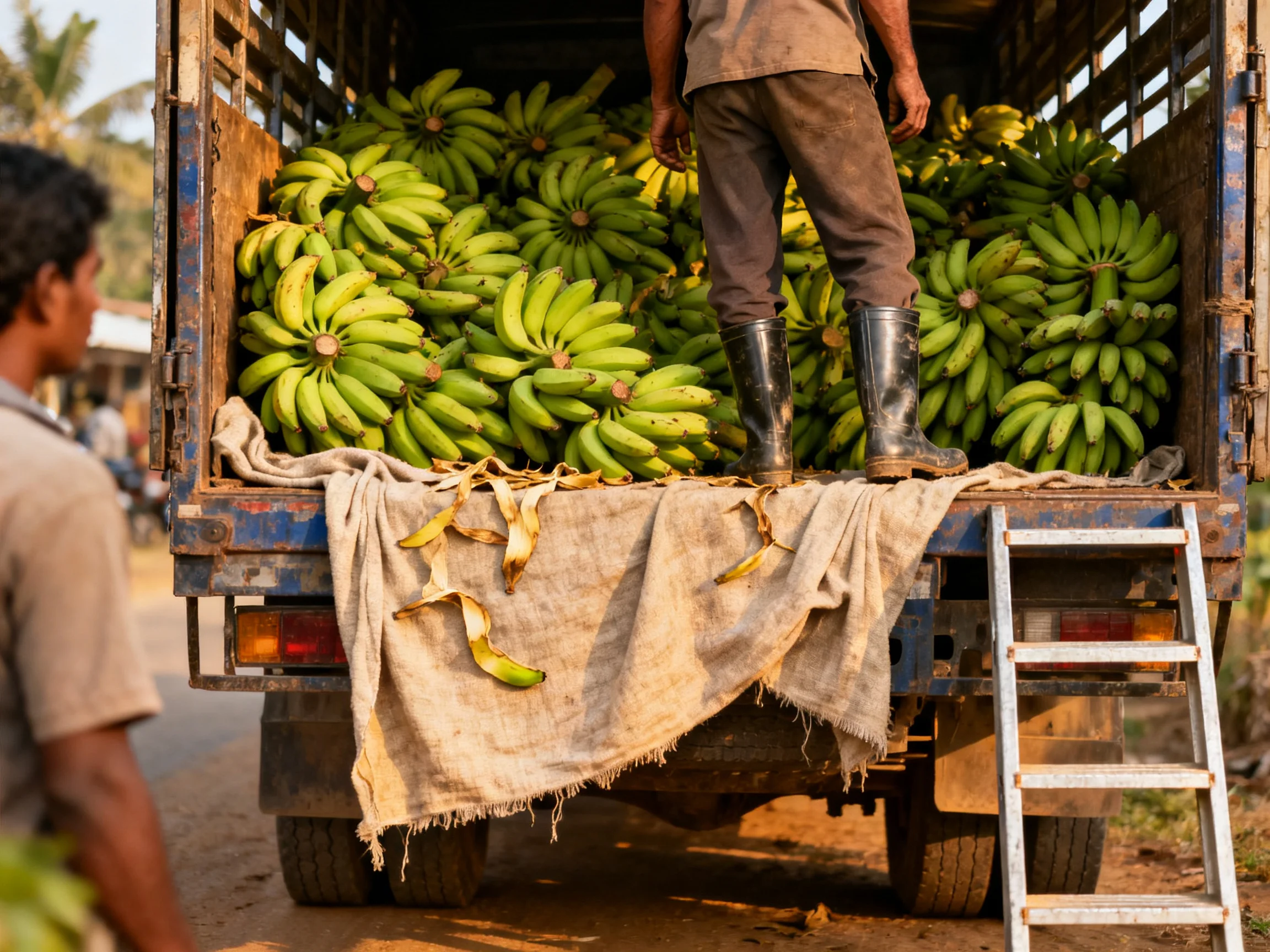 A truck loaded with numerous green banana bunches has workers nearby