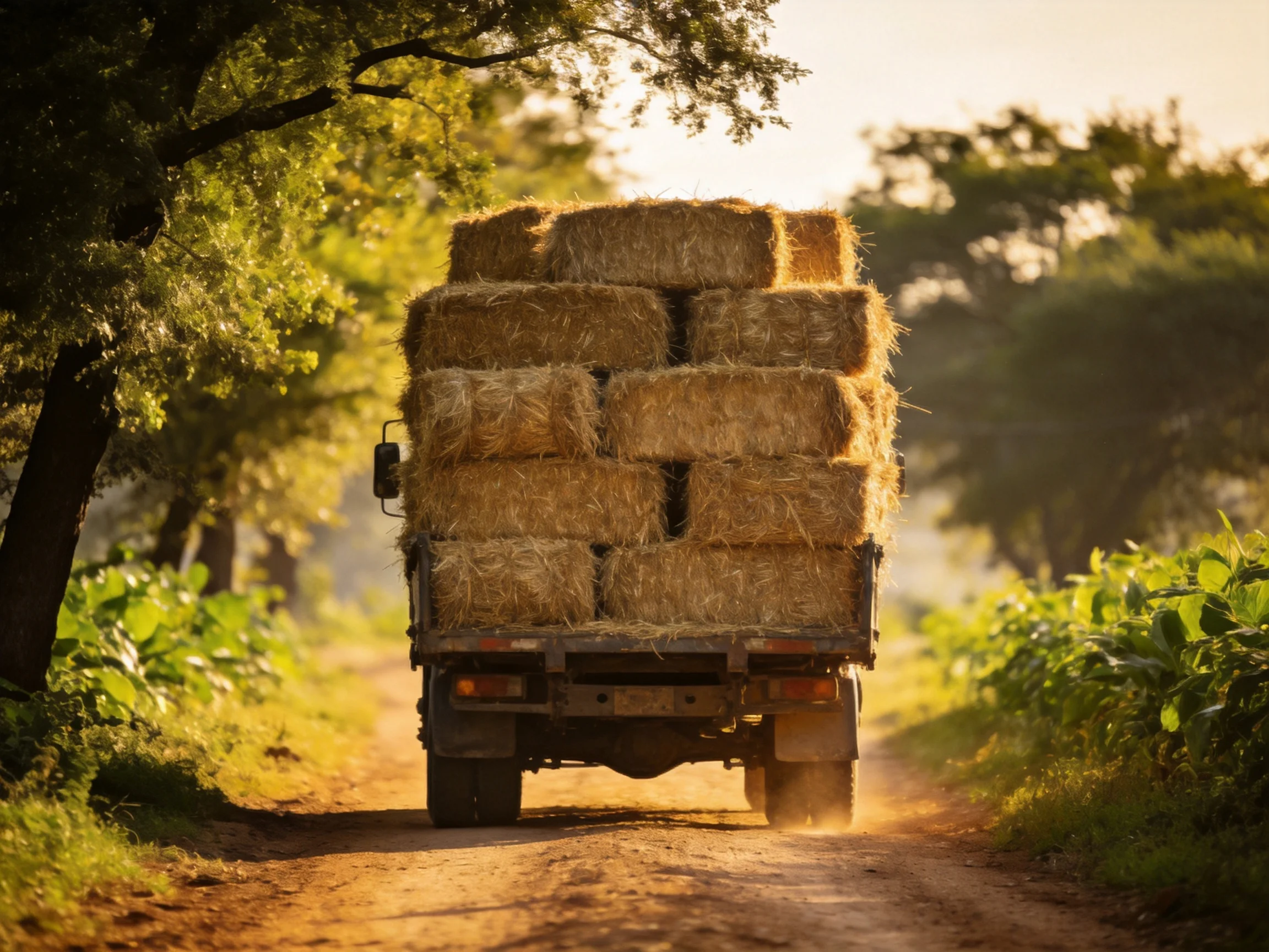 A truck loaded with stacked hay bales travels down a sunlit dirt road