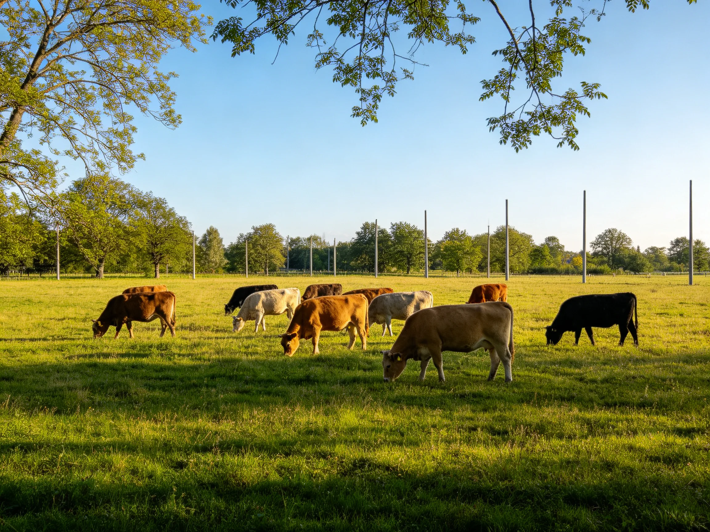 A variety of colored cows graze in a sunlit green pasture with trees