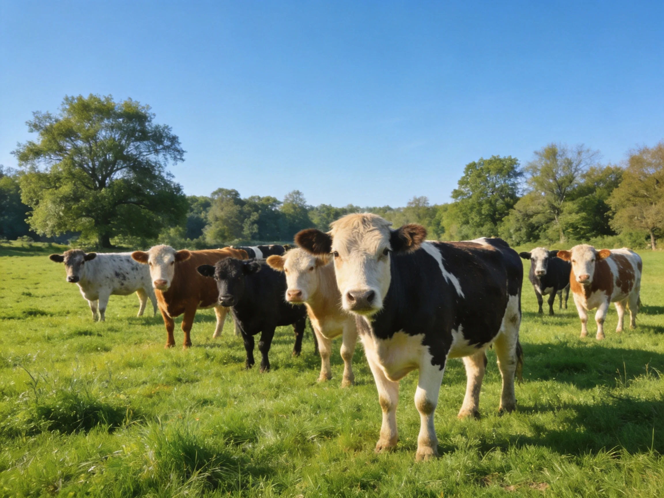 A variety of colored cows in a lush green pasture