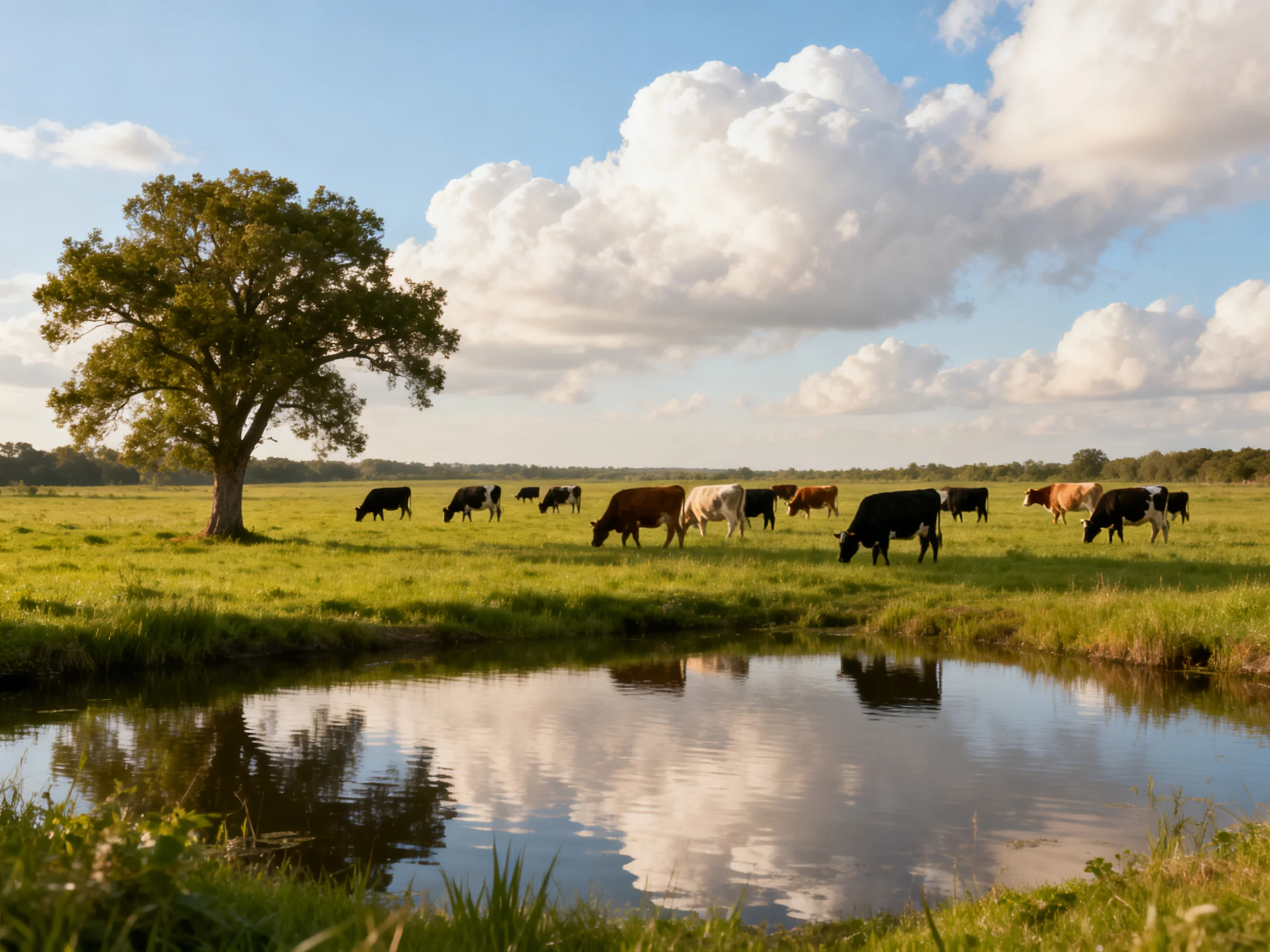 A verdant pasture with grazing cattle, a large oak tree, and a reflective pond