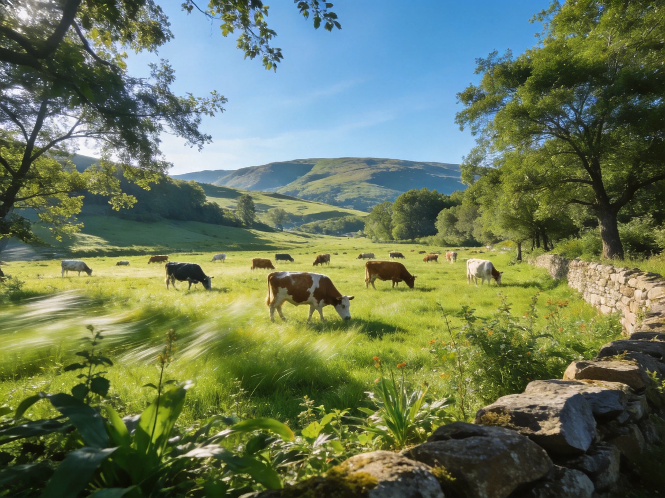 A verdant pasture with grazing cattle, rolling hills, and stone walls