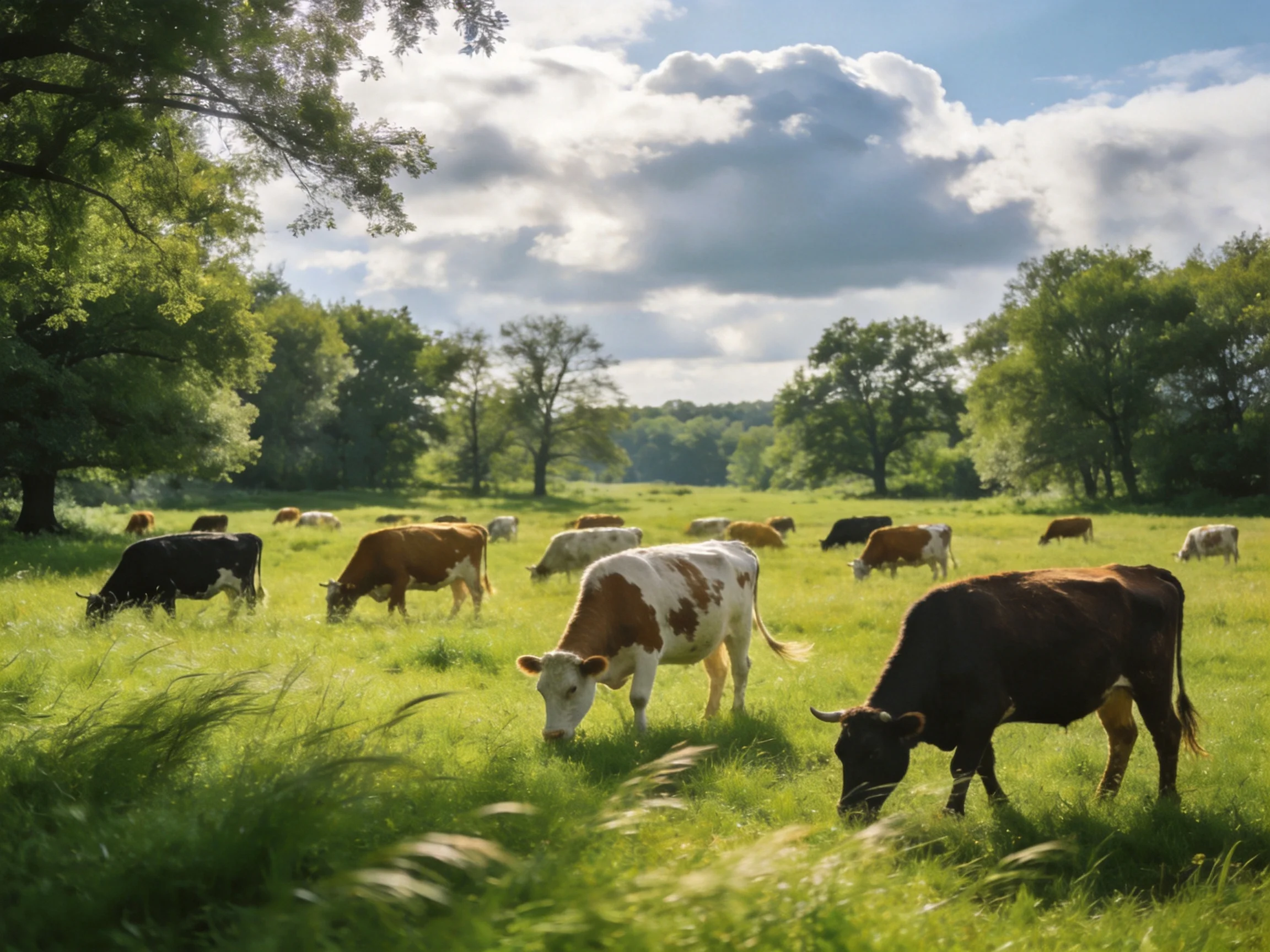 A verdant pasture with multiple colored cattle under sunny skies