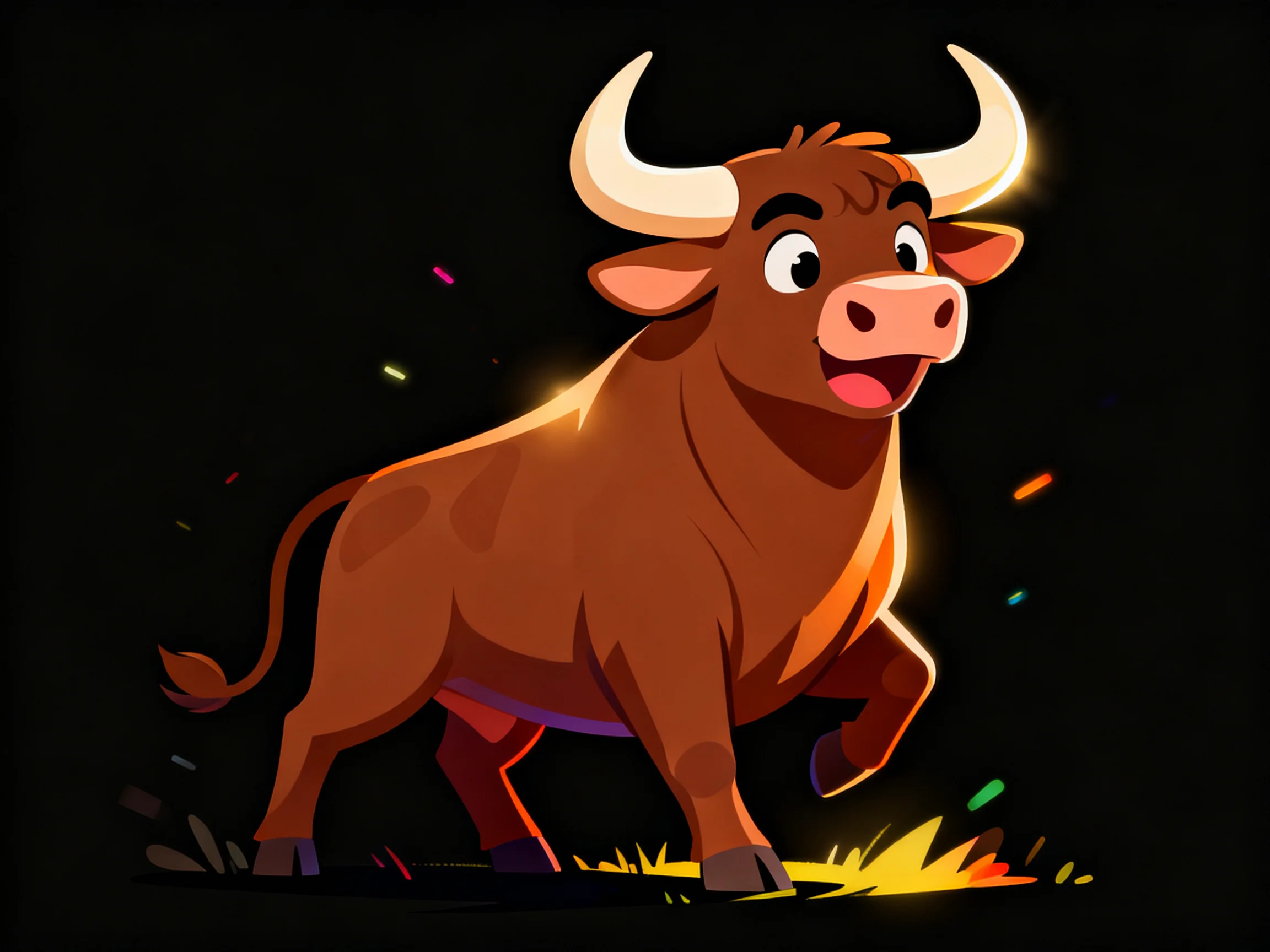 A vibrant brown cartoon bull with large white horns on black