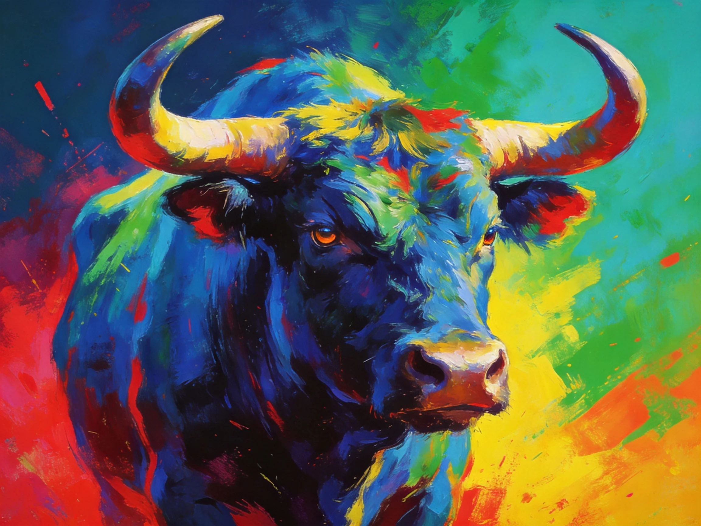 A vibrant colorful bull painting with bold hues