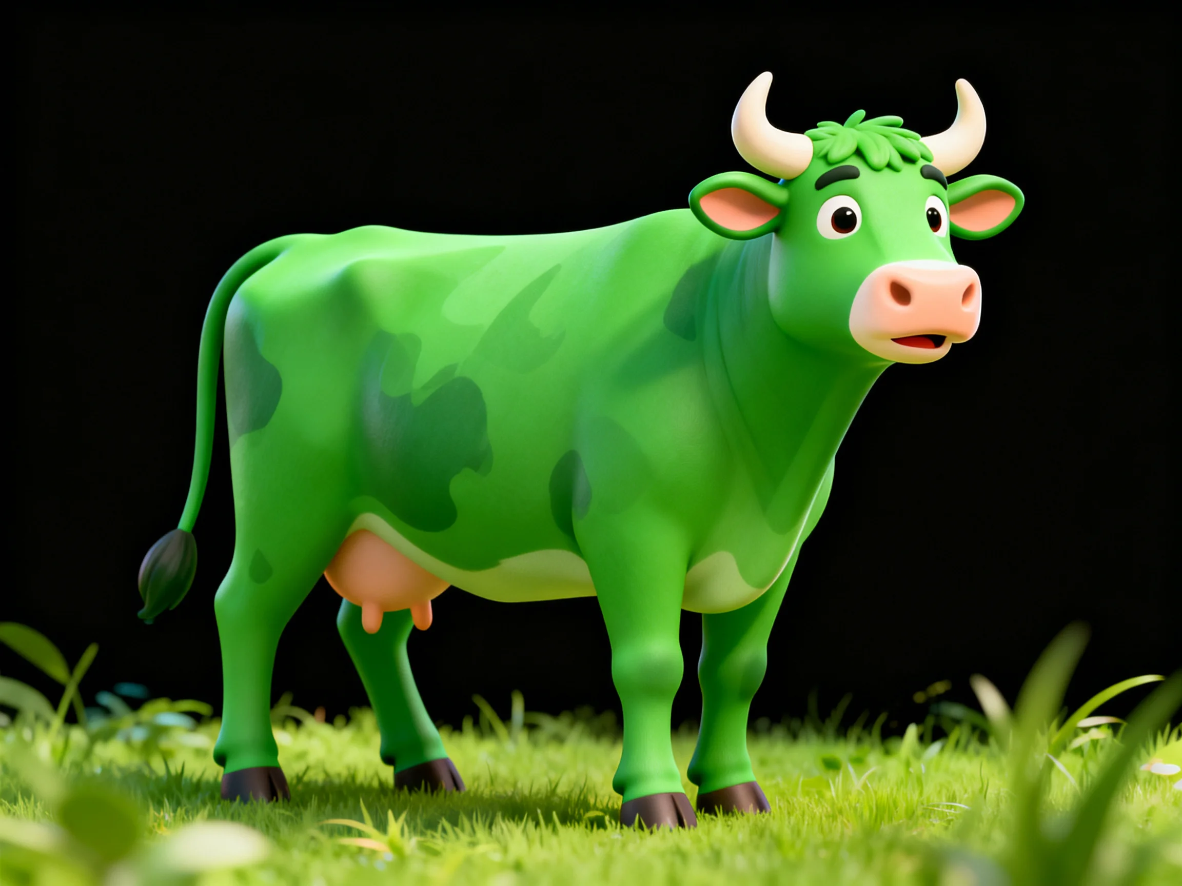 A vibrant green cartoon cow stands on lush grass with a dark backdrop
