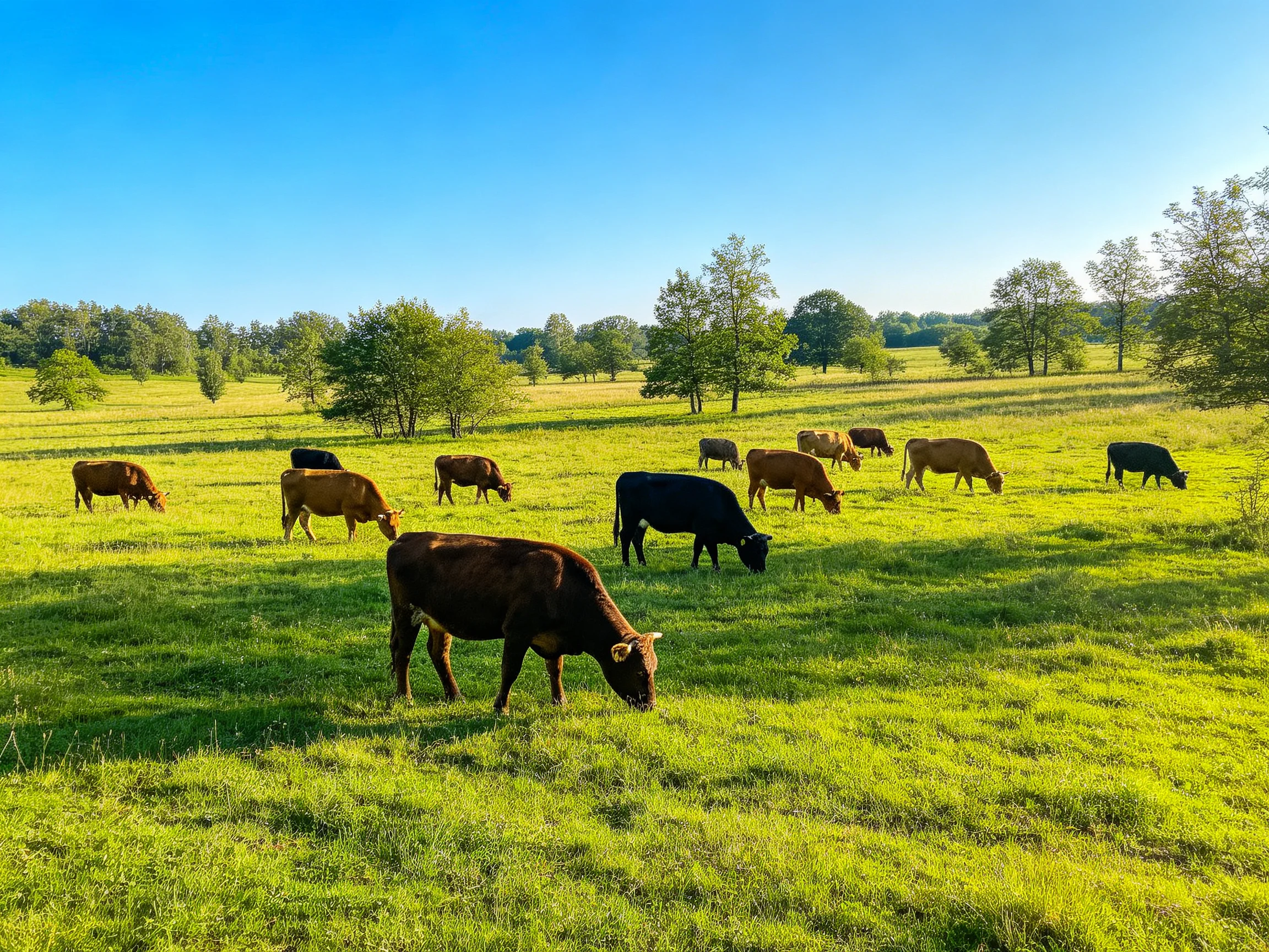 A vibrant pasture with numerous cows grazing on bright green grass