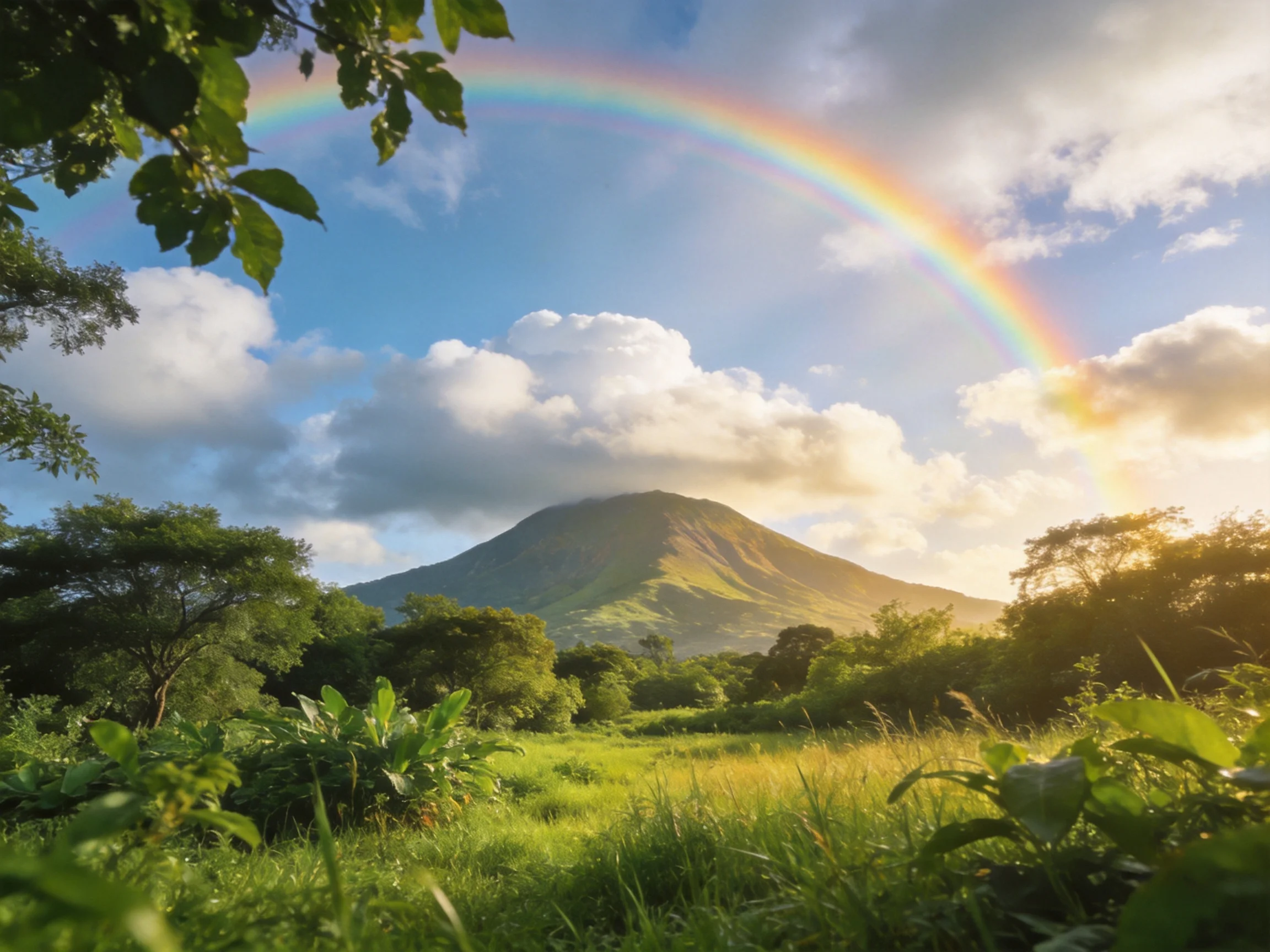 A vibrant rainbow arches over a lush landscape with a distant volcano