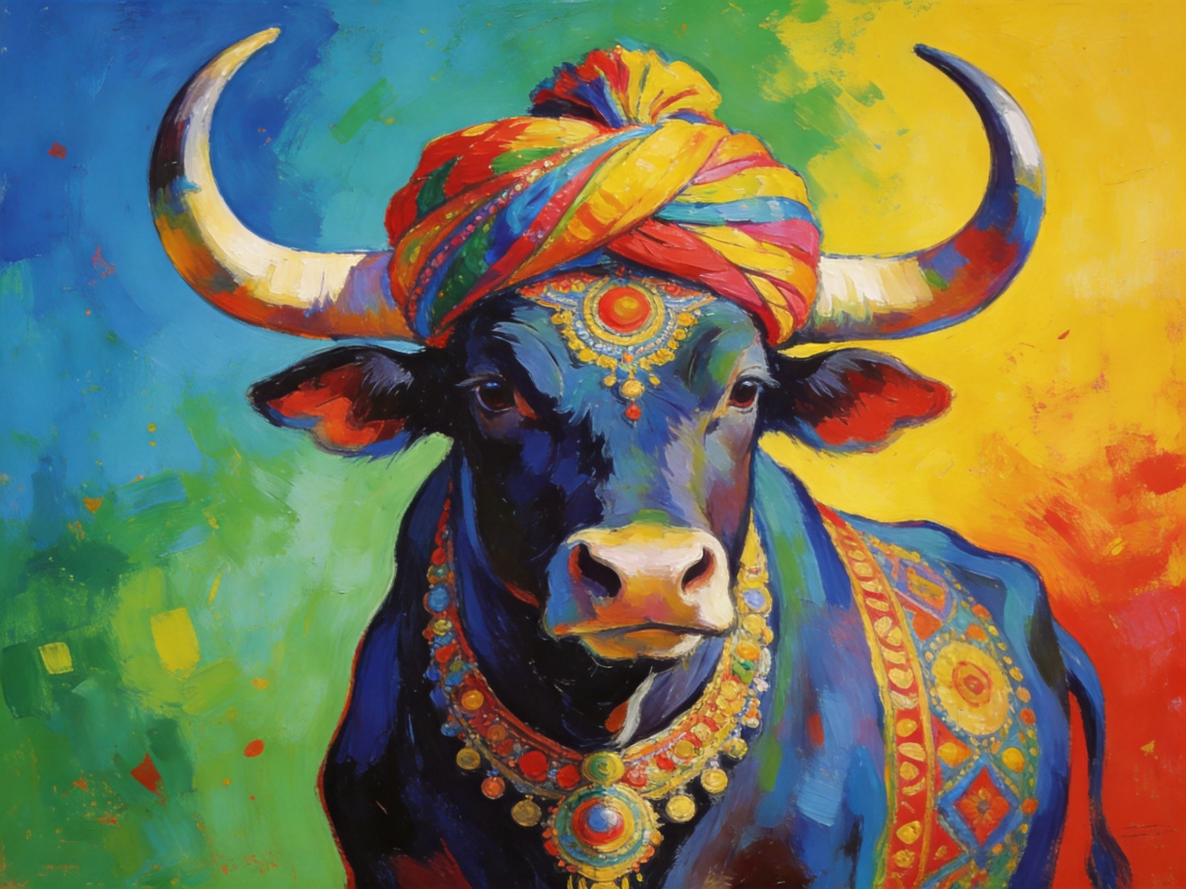 A vibrantly adorned black bull with colorful turban and ornate jewelry