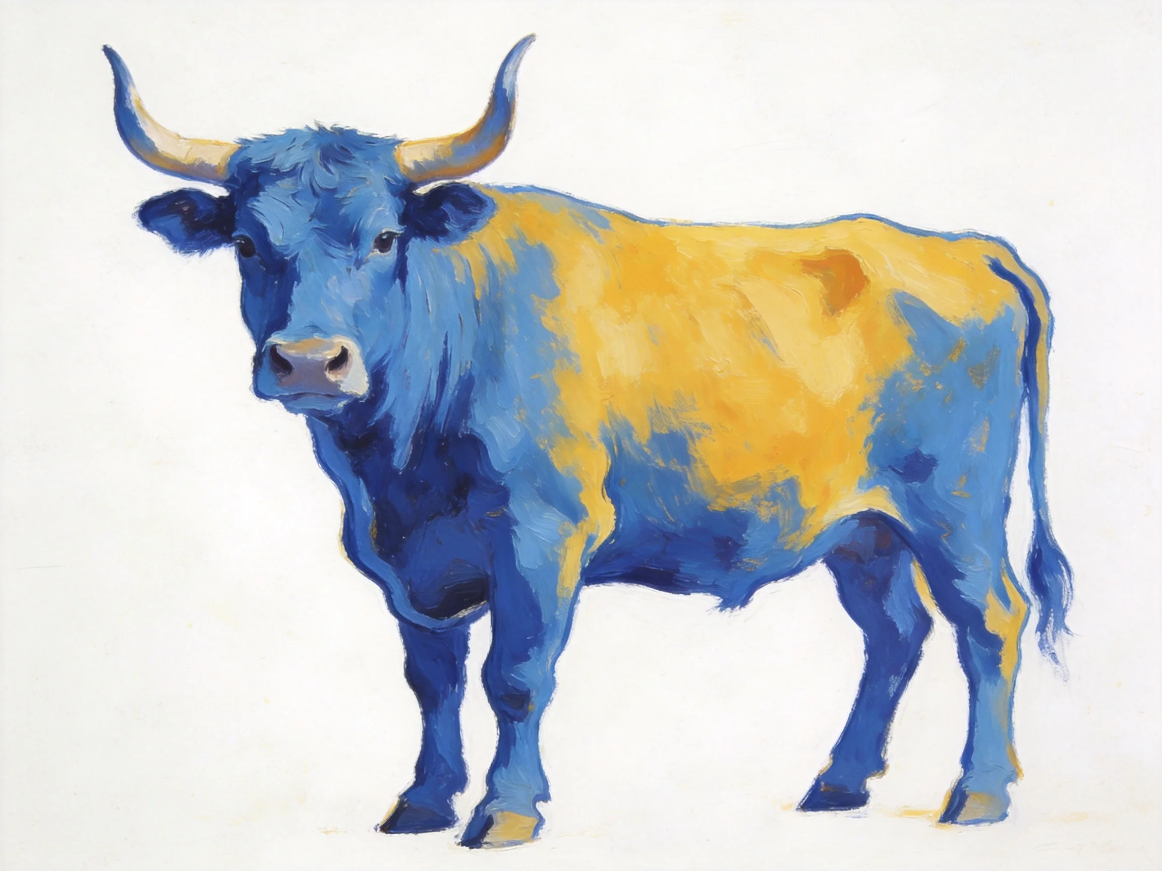 A vibrantly colored blue and yellow bull with curved horns
