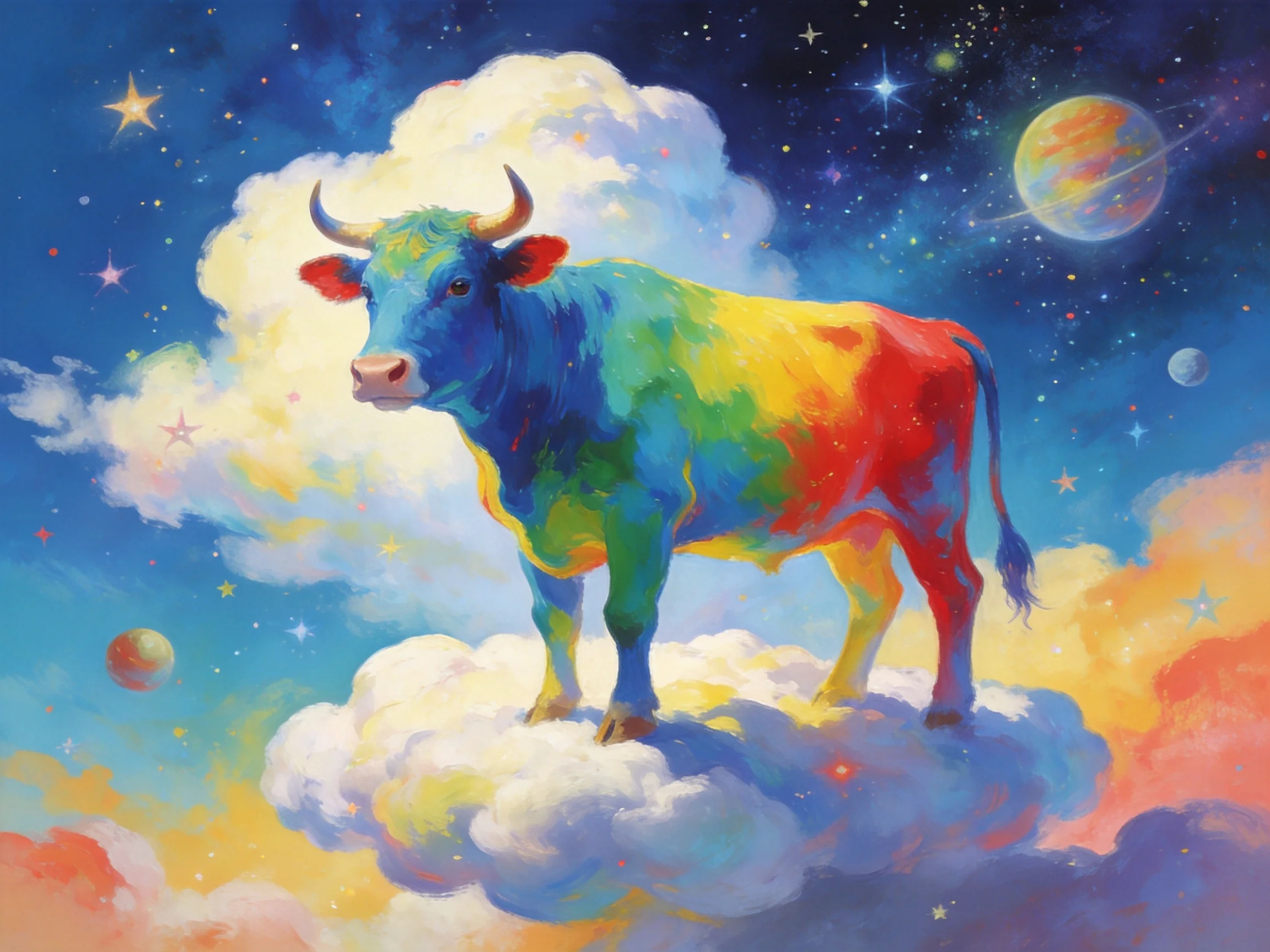 A vibrantly colored bull stands atop fluffy clouds in a starry sky
