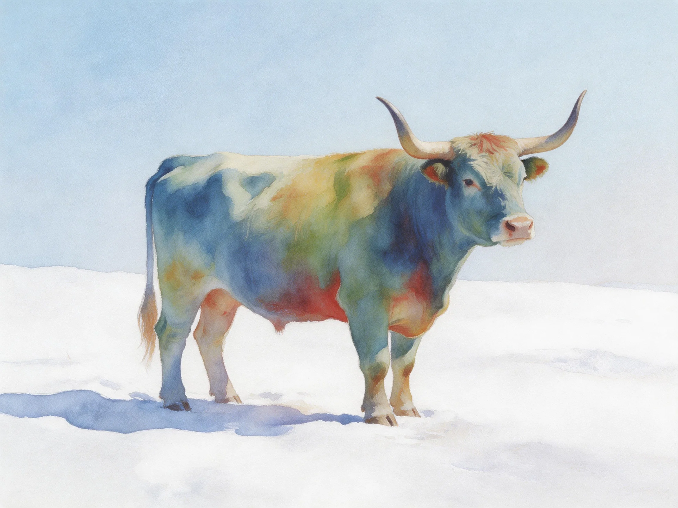 A vibrantly colored bull stands on a snowy landscape with large curved horns