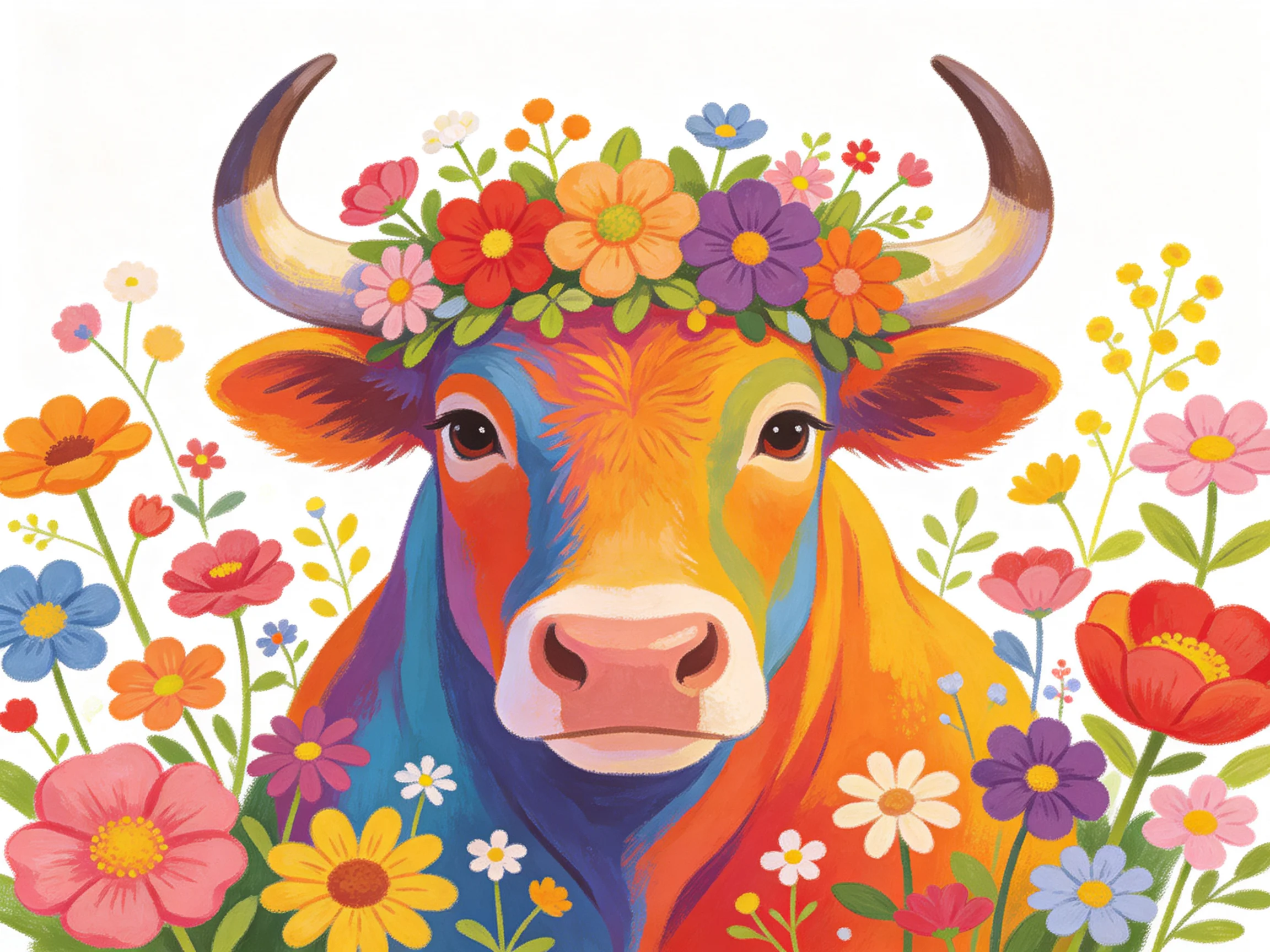 A vibrantly colored cow adorned with a flower crown among multicolored blooms