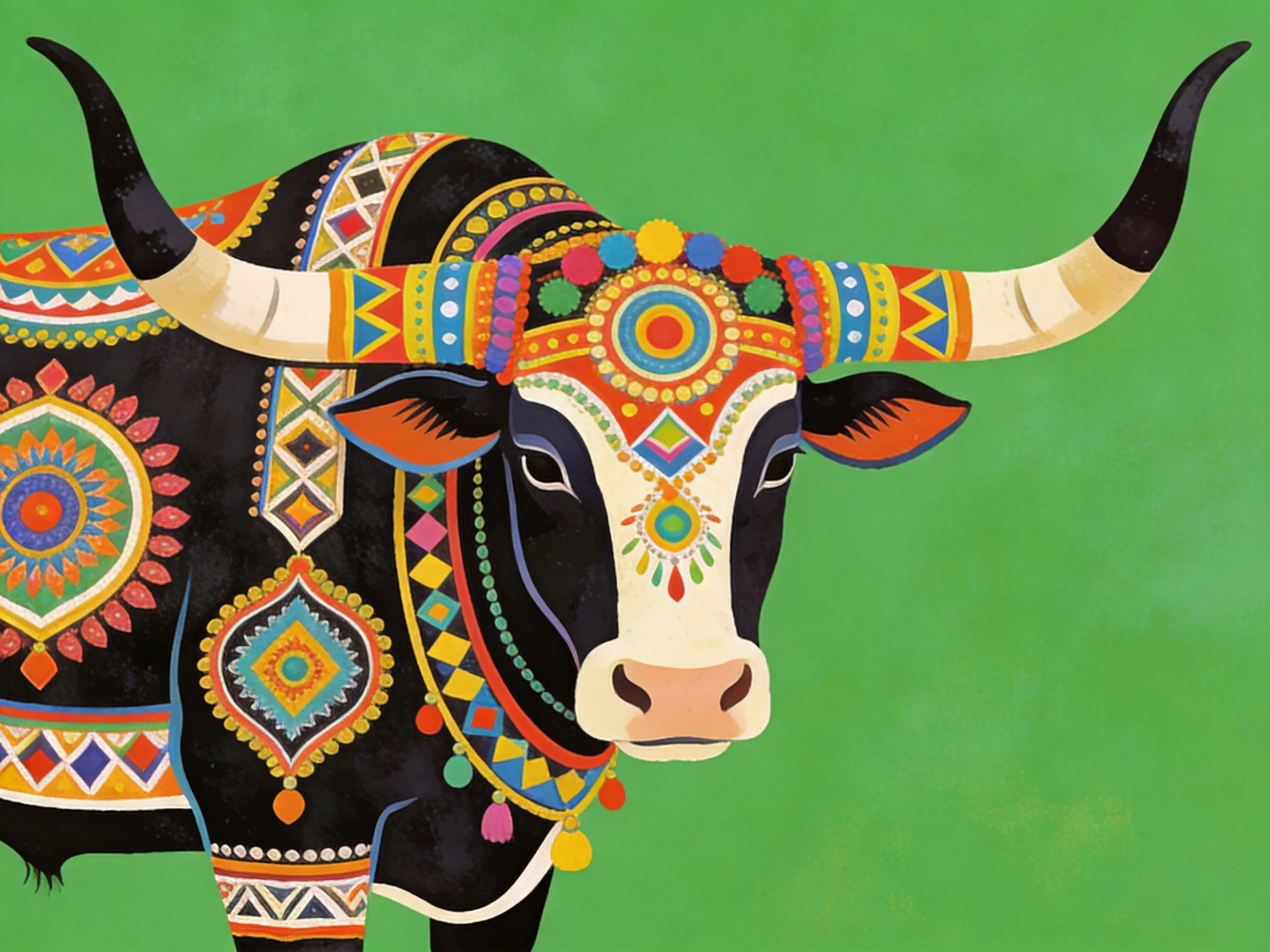 A vibrantly decorated black and white bull with colorful patterns