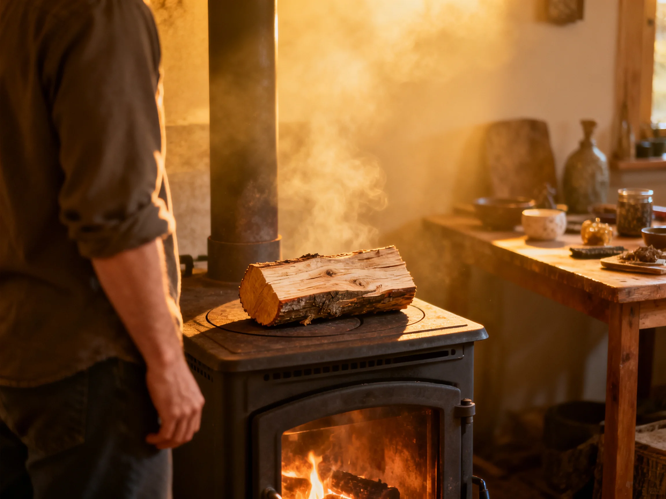 A warmly lit room with a burning wood stove and a log