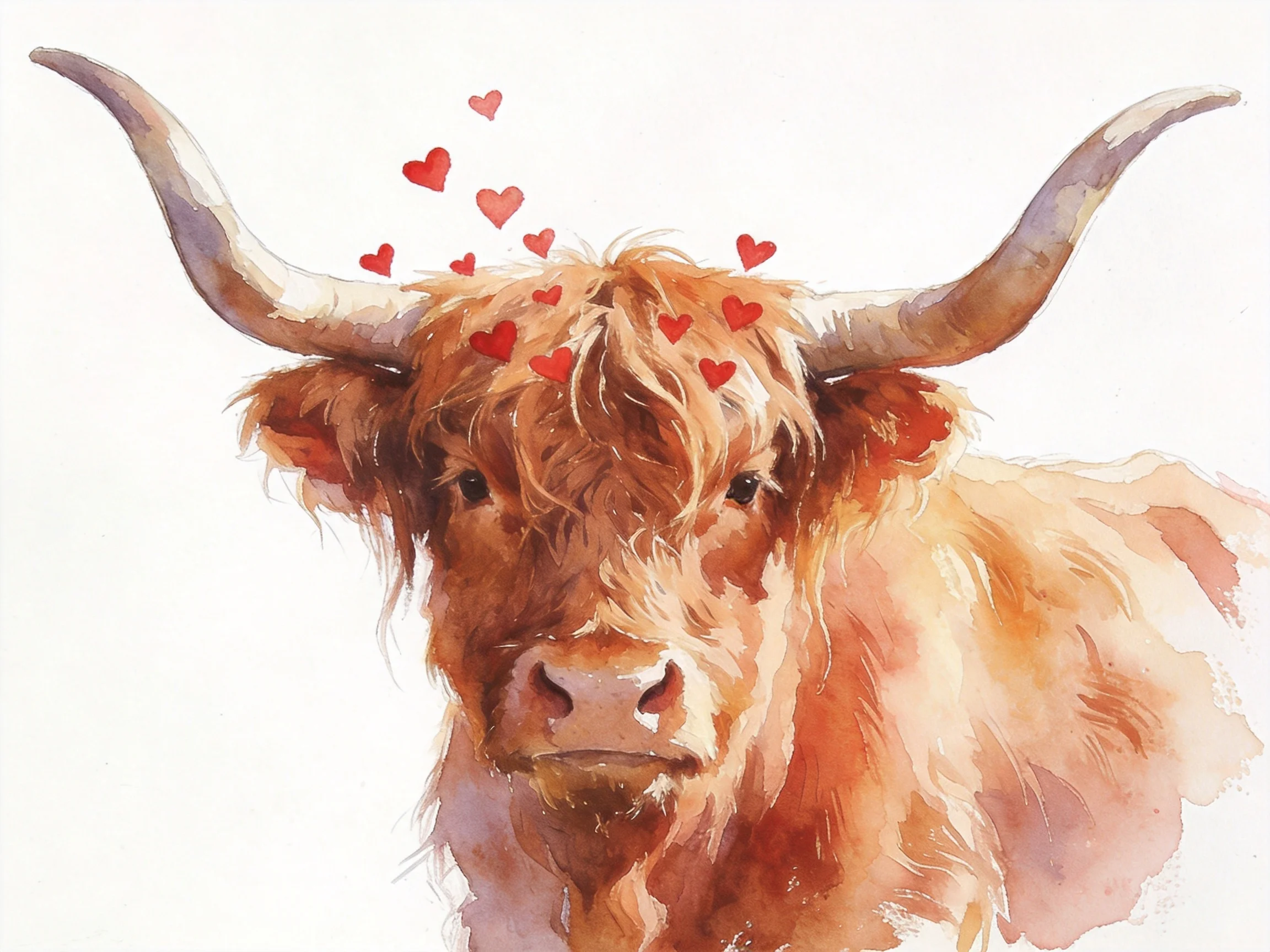 A watercolor painting of a shaggy brown Highland cow with red heart shapes