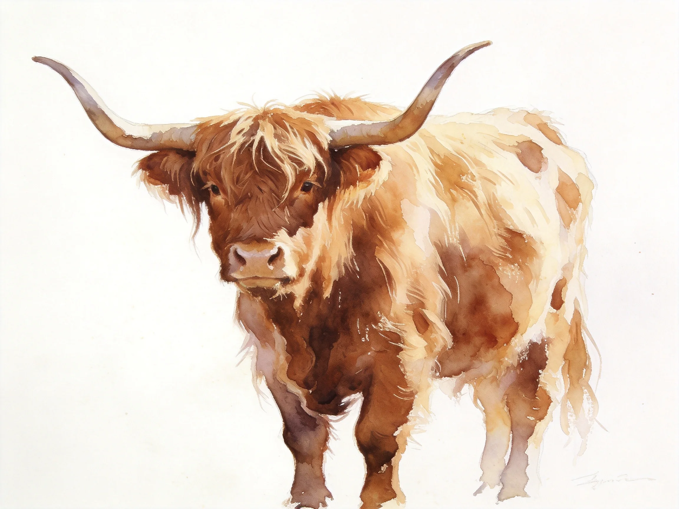 A watercolor portrait of a shaggy brown Highland cow with long horns