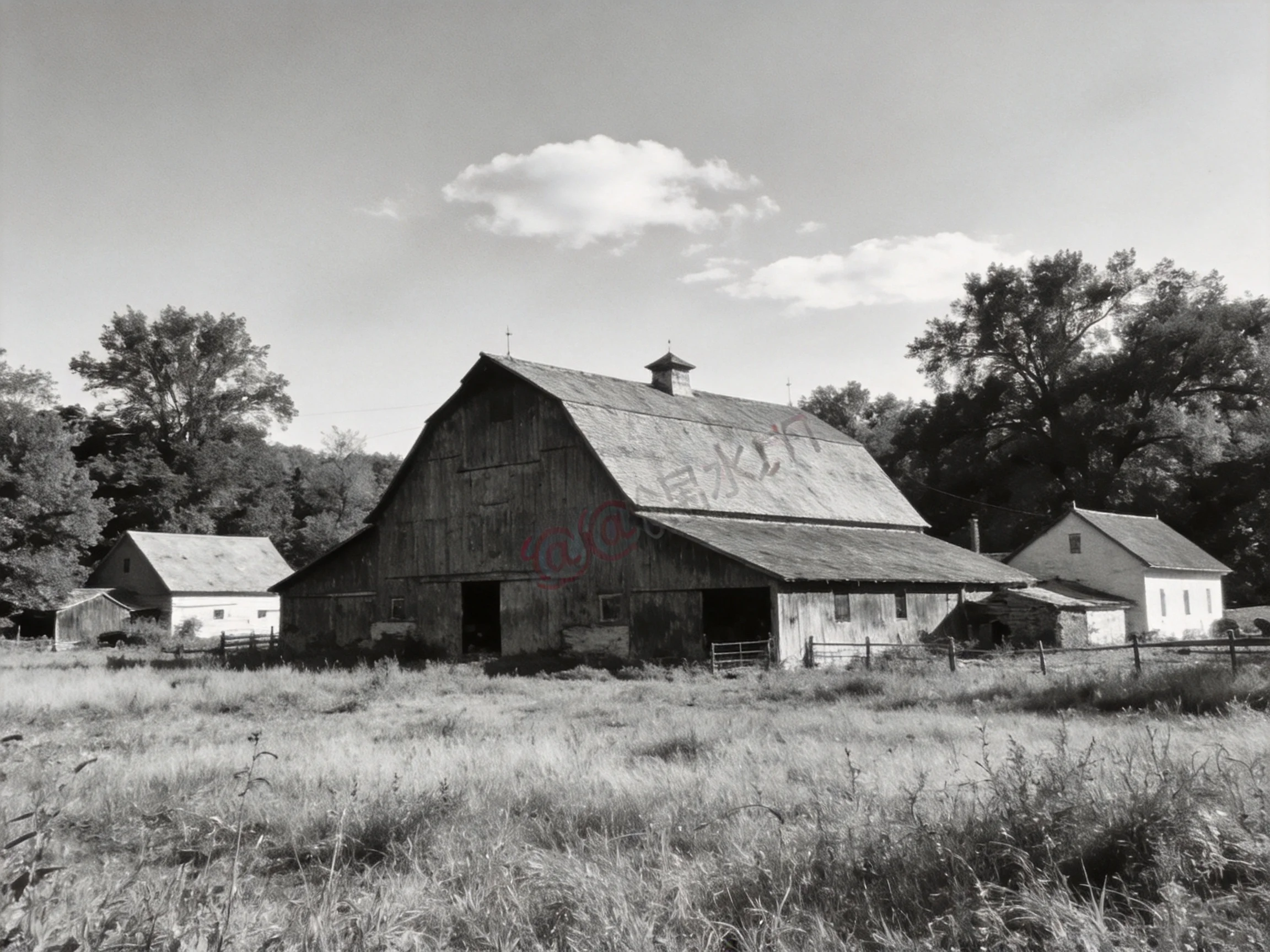 A weathered barn with graffiti near two farmhouses and trees