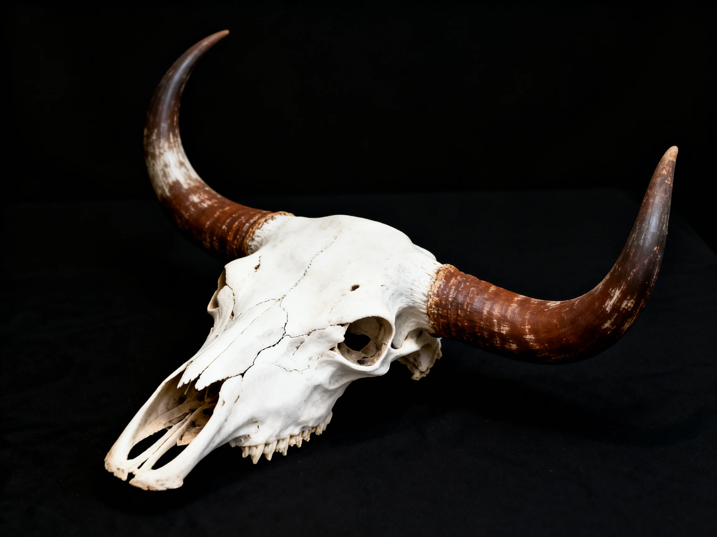 A weathered bovine skull with large curved brown horns
