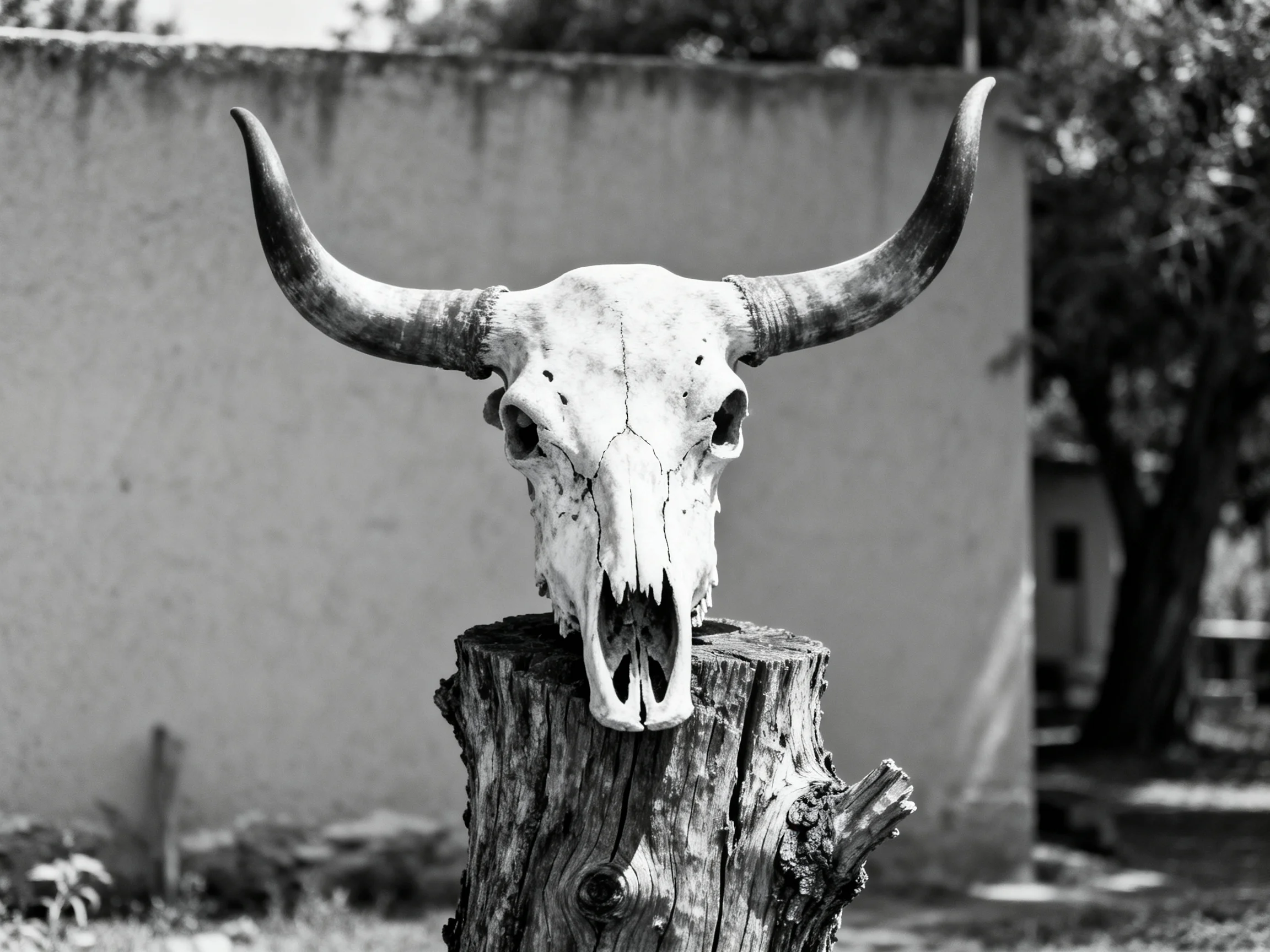 A weathered cow skull with large curved horns atop a gnarled tree stump