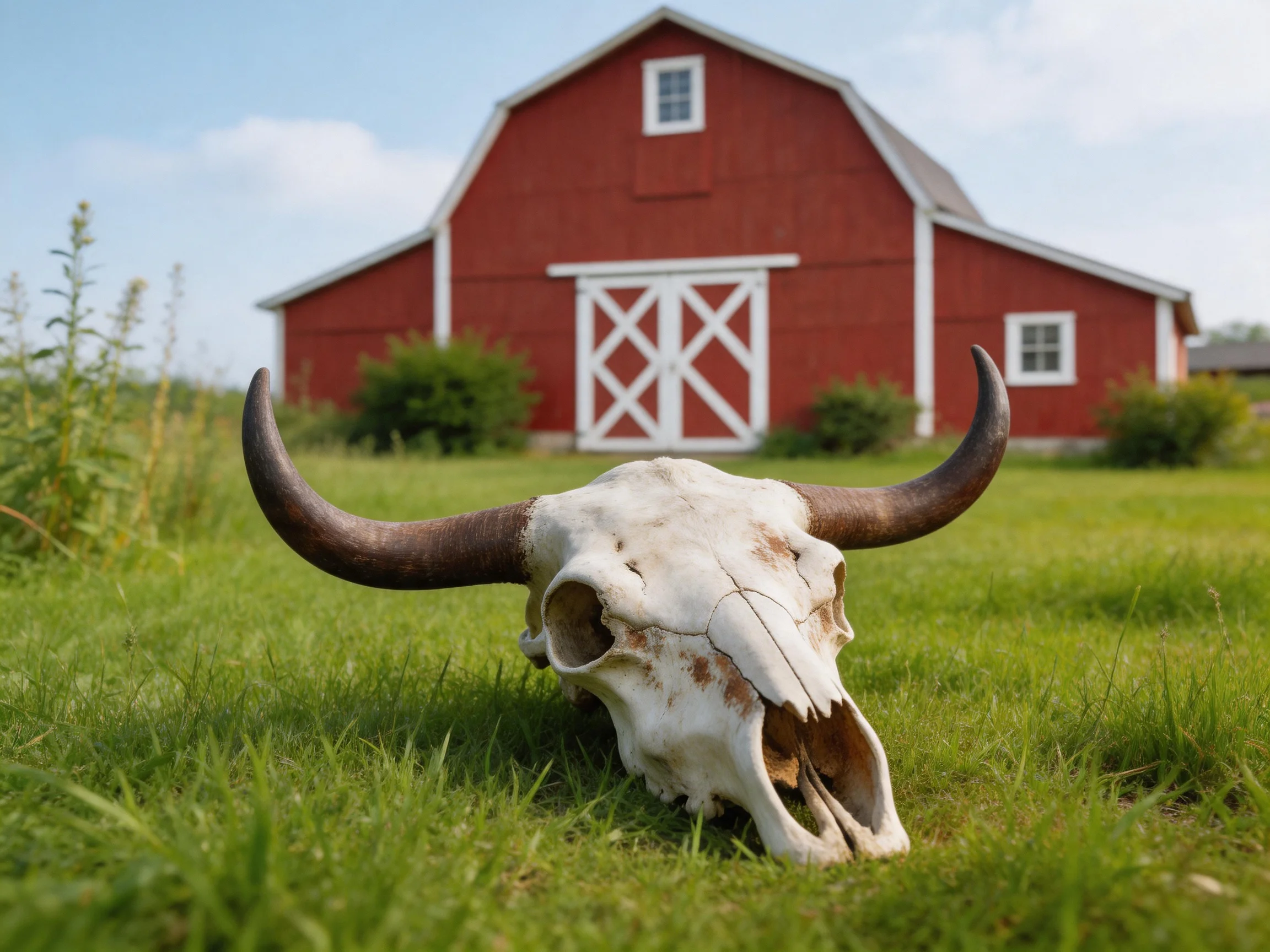 A weathered cow skull with large curved horns beside a bright red barn