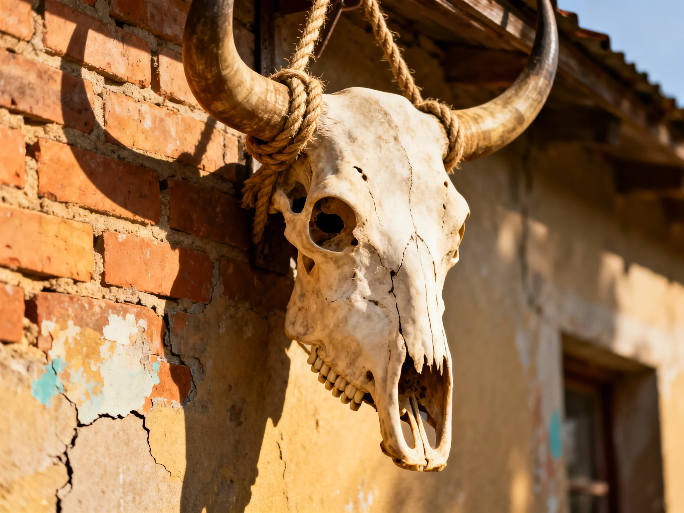 A weathered cow skull with large curved horns hangs from a red-brick wall