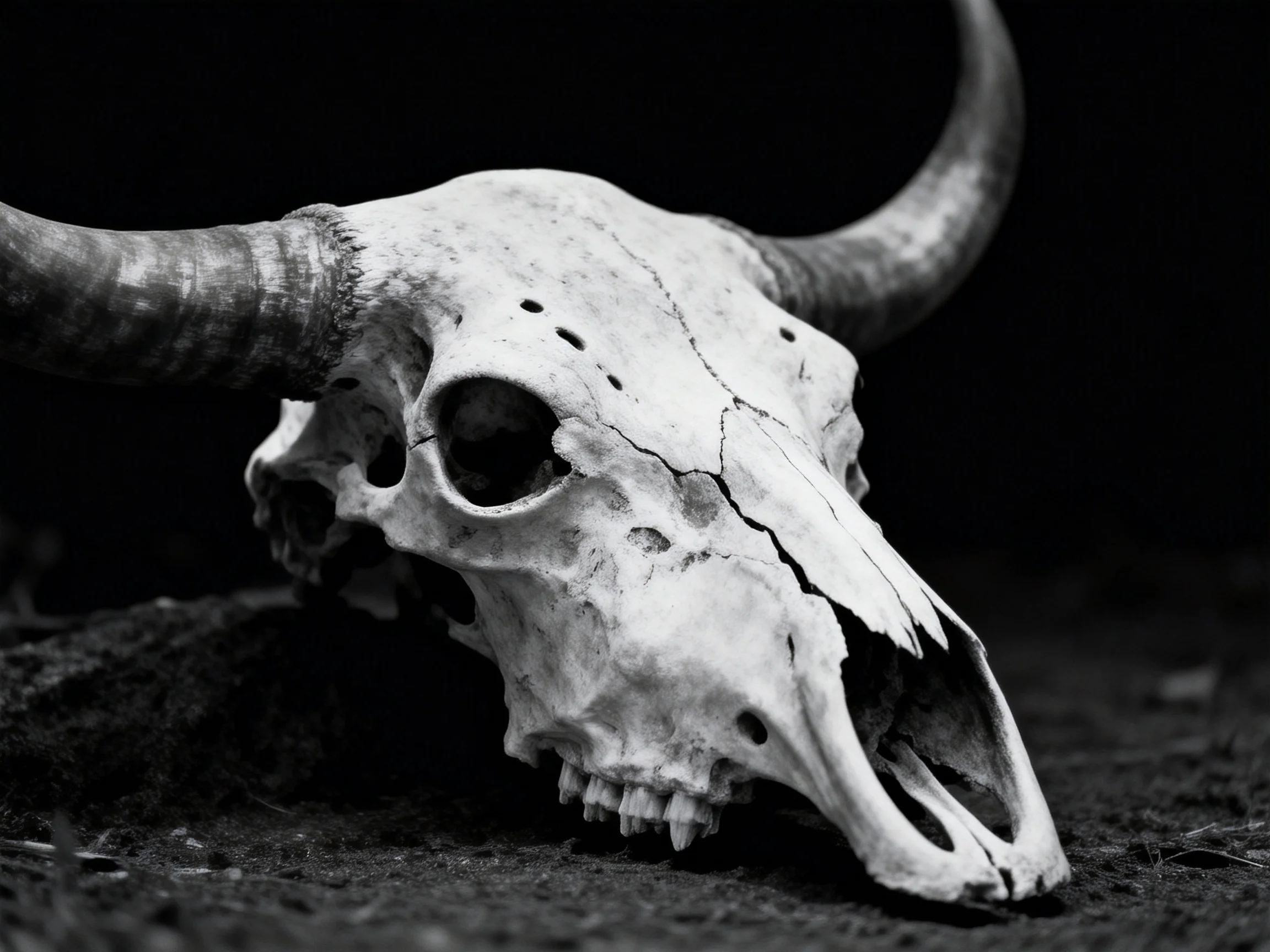 A weathered cow skull with large curved horns in monochrome
