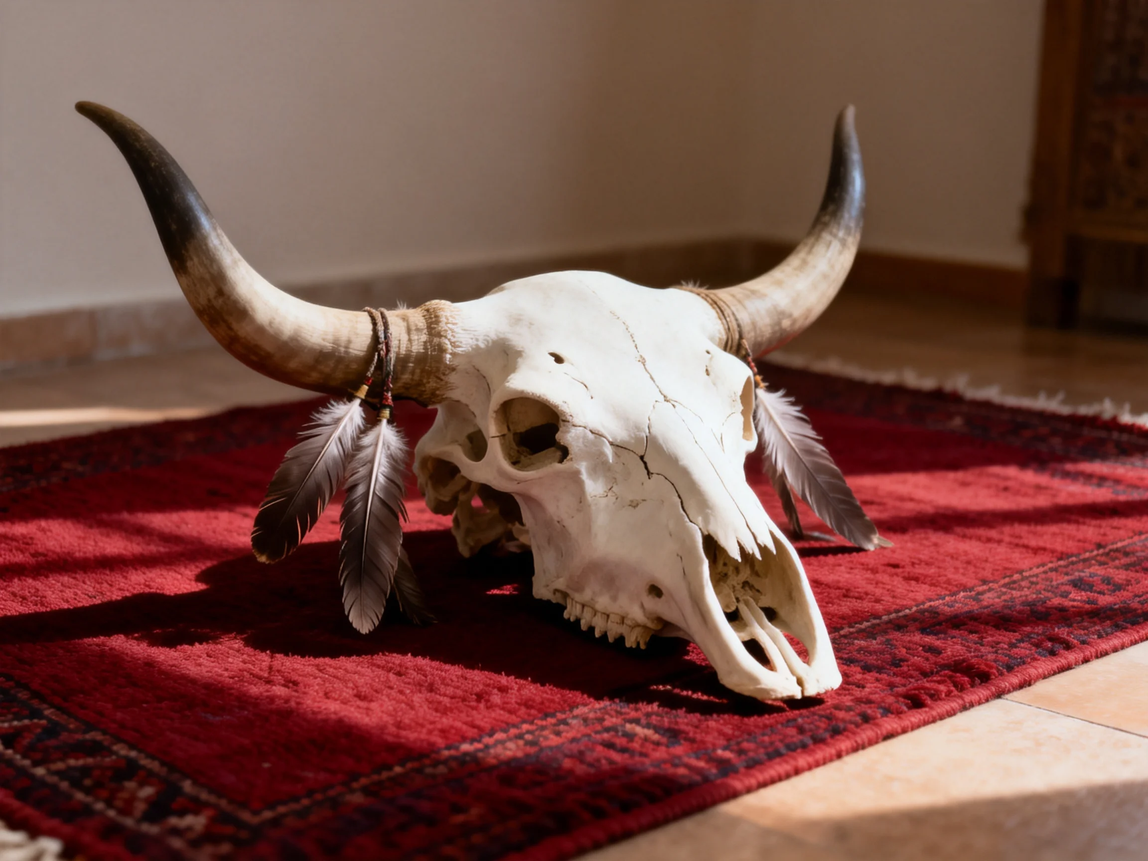 A weathered cow skull with large curved horns rests on a crimson rug with feathers