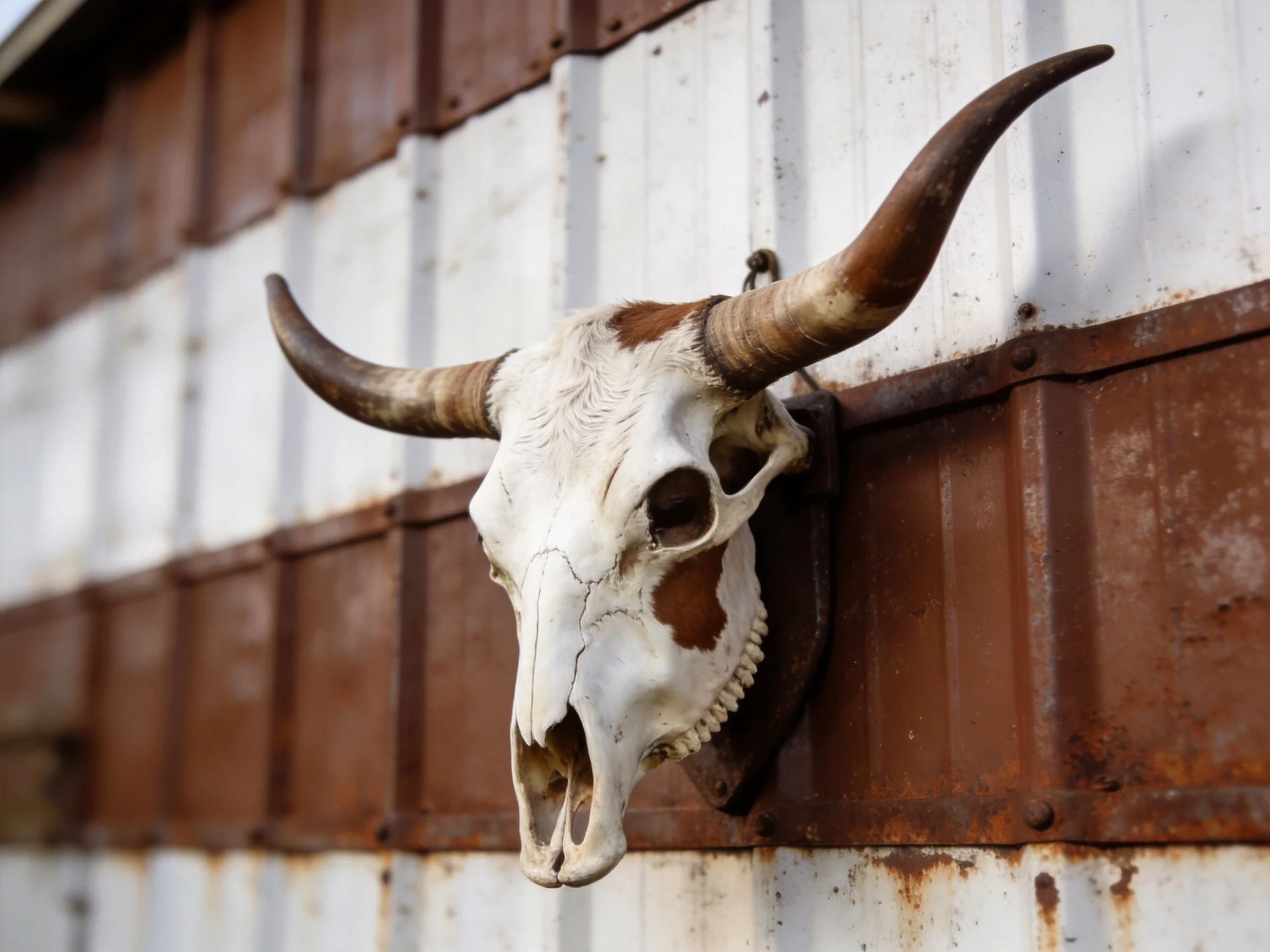 A weathered cow skull with long horns mounted on rusted metal siding