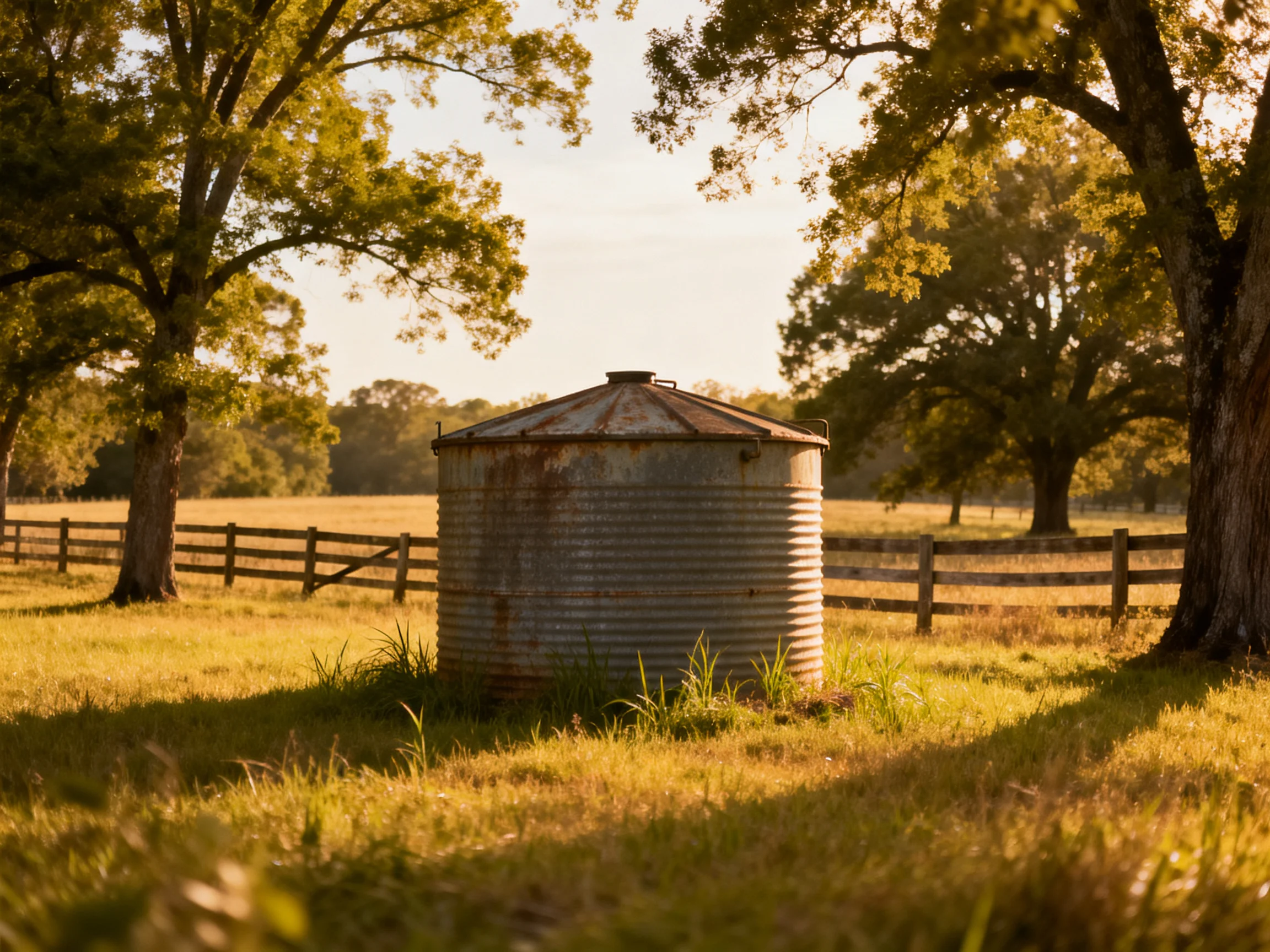 A weathered metal silo amidst golden fields and towering trees
