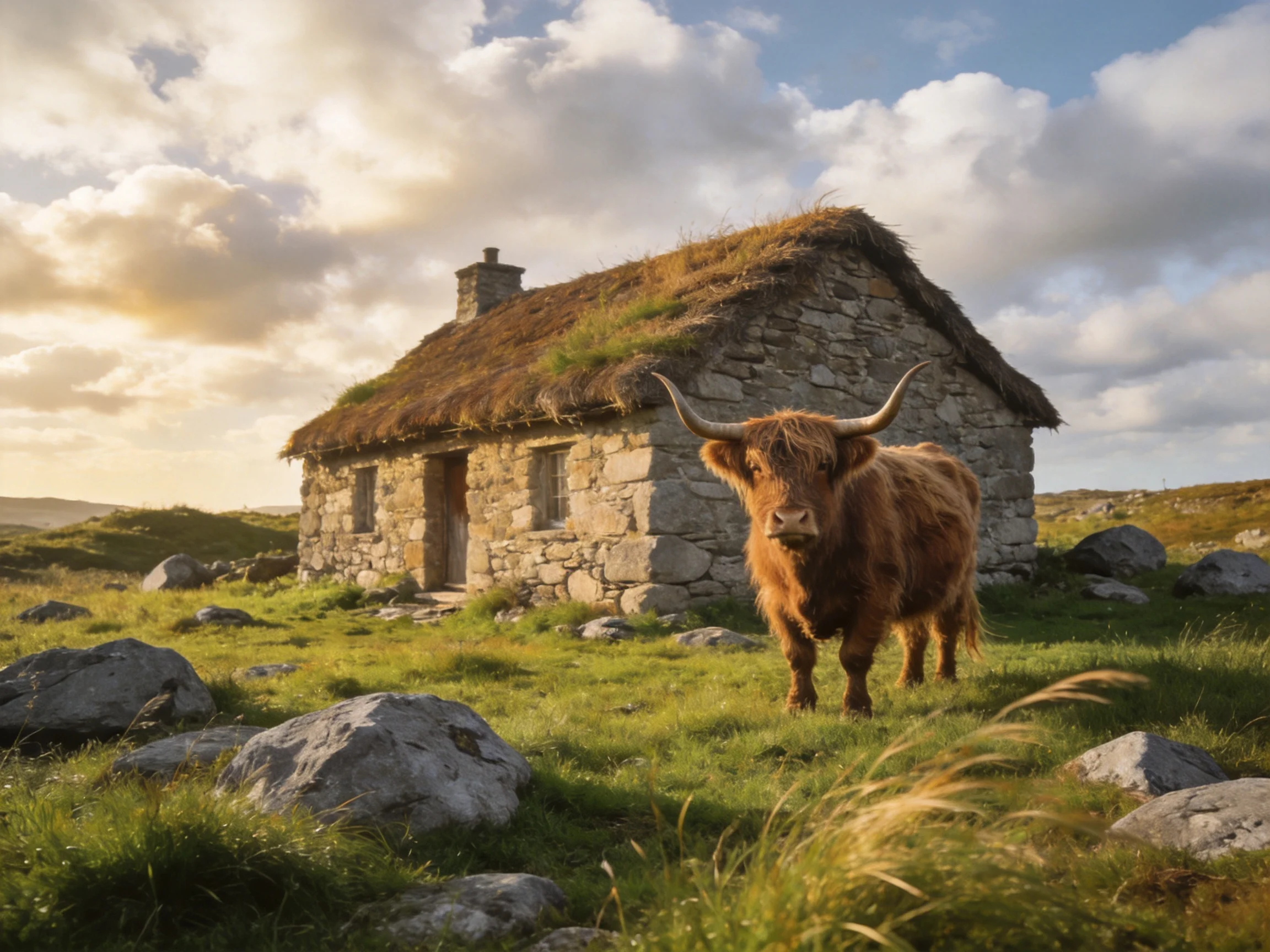 A brown Highland cow stands near an old stone cottage in a grassy, rocky setting.