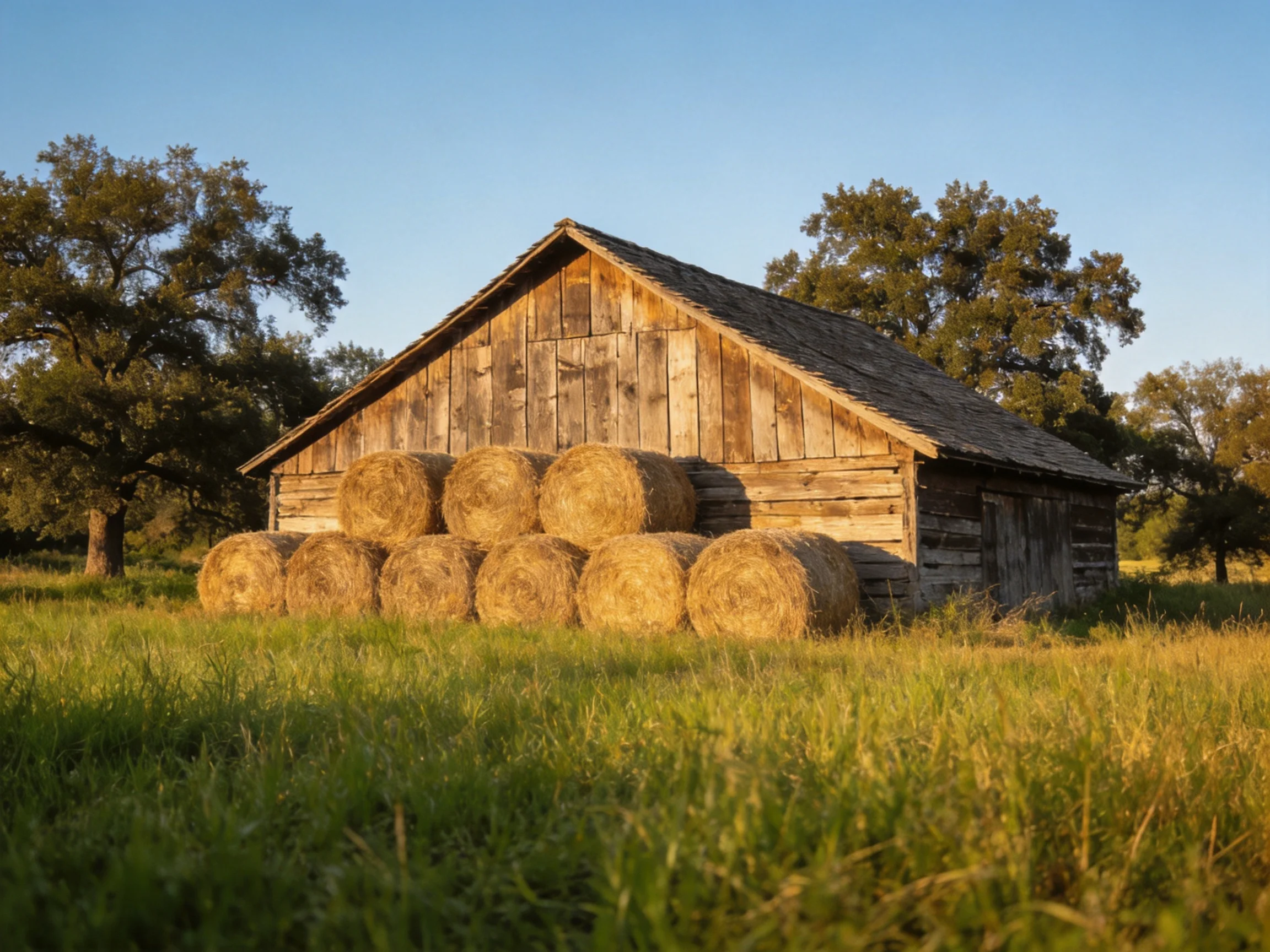 A weathered wooden barn beside stacked golden hay bales