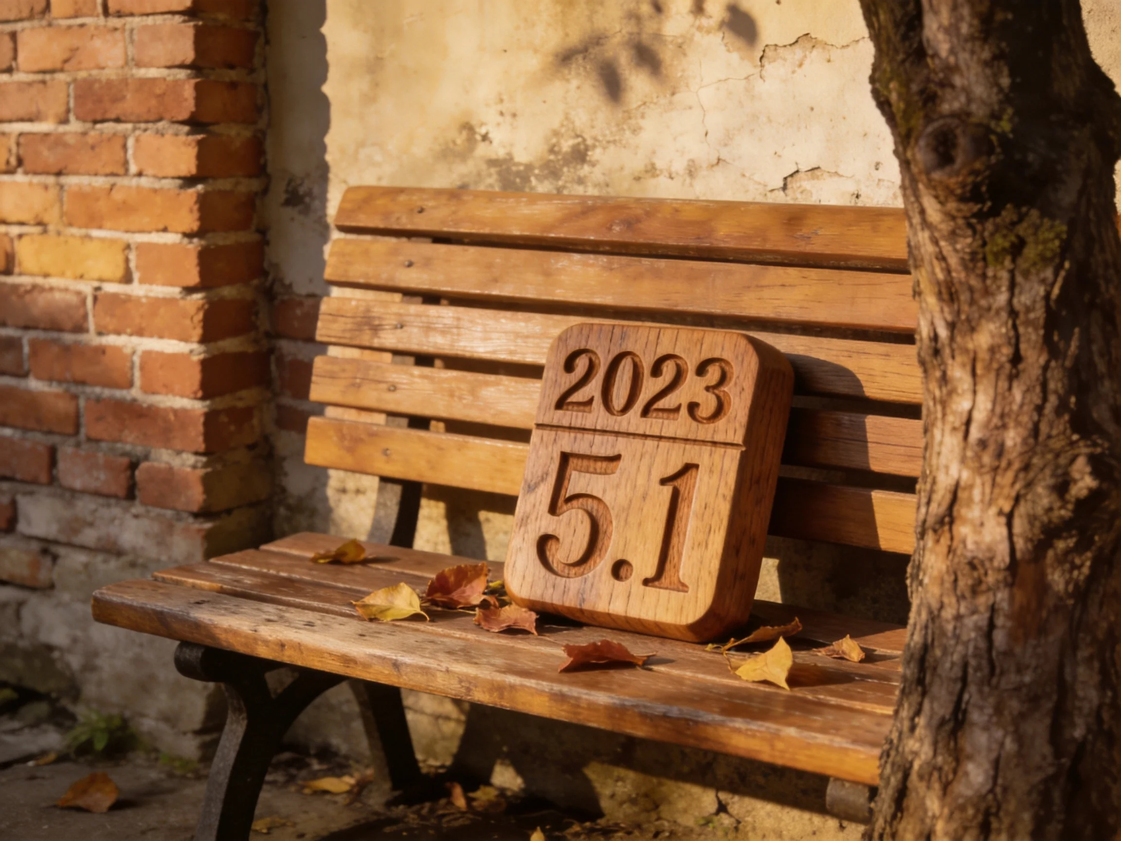 A weathered wooden bench with a carved 2023 5.1 sign near a brick wall