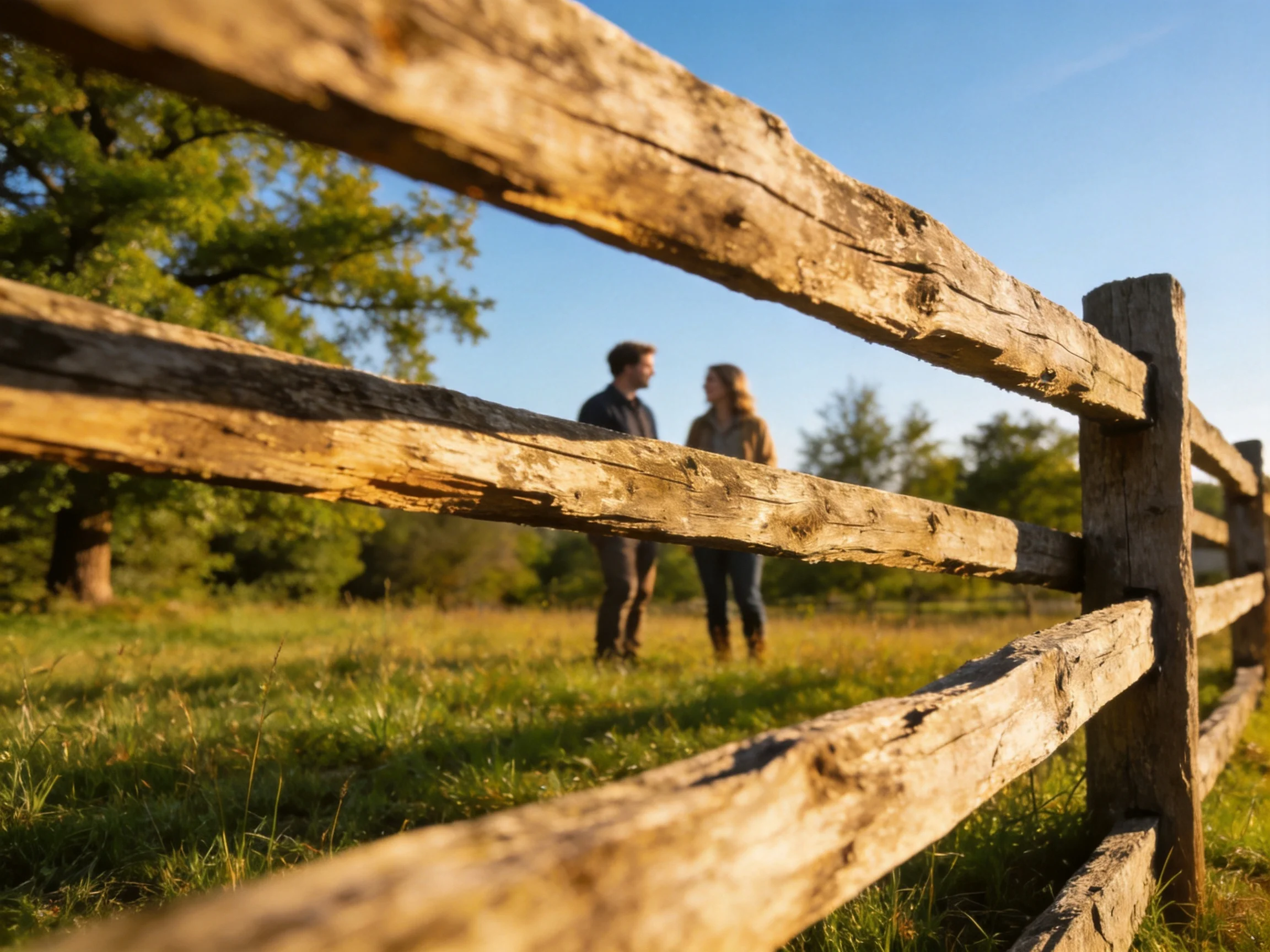 A weathered wooden fence frames a couple conversing in a sunlit meadow