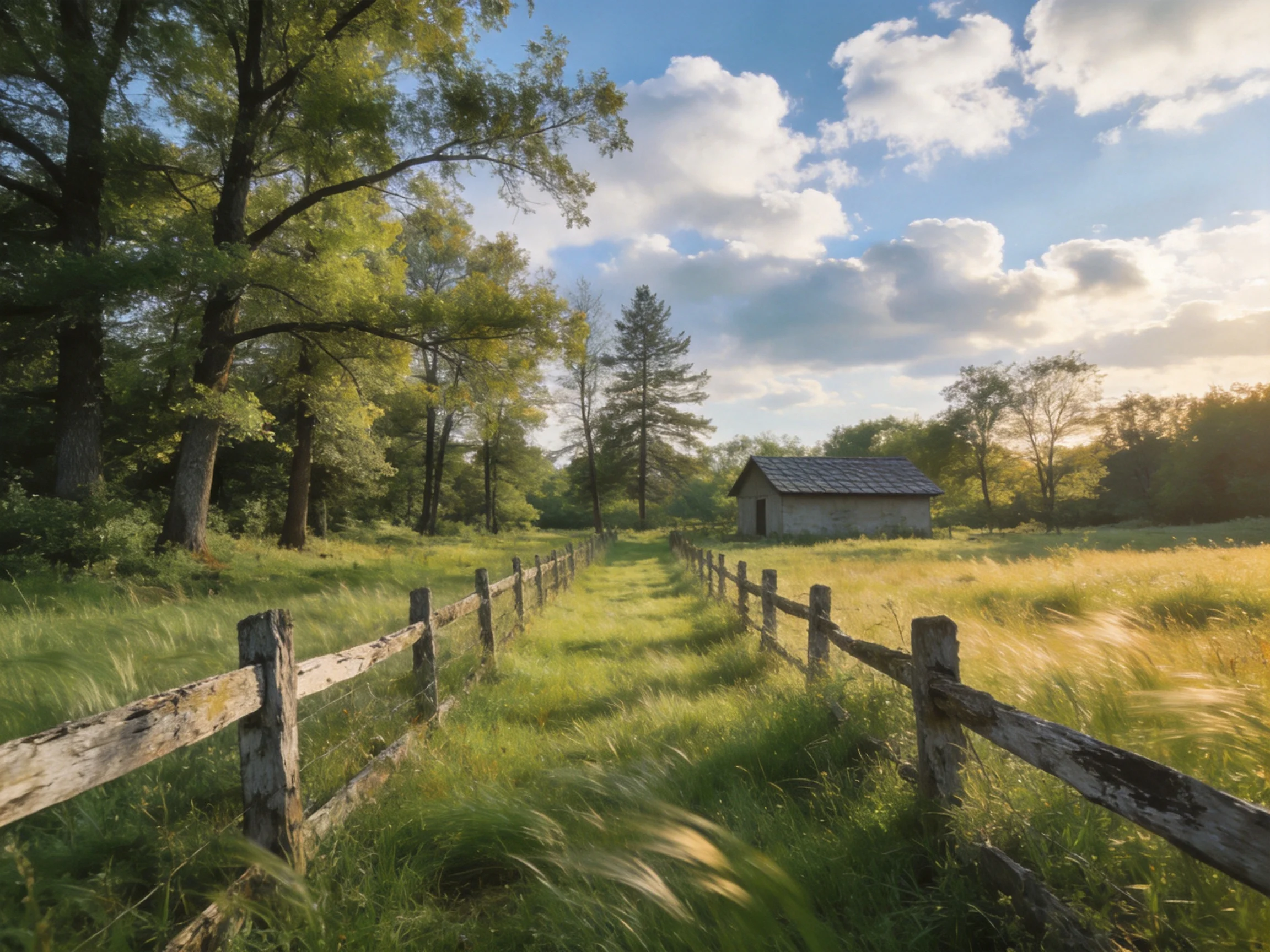 A weathered wooden fence leads to a small stone house amid lush greenery